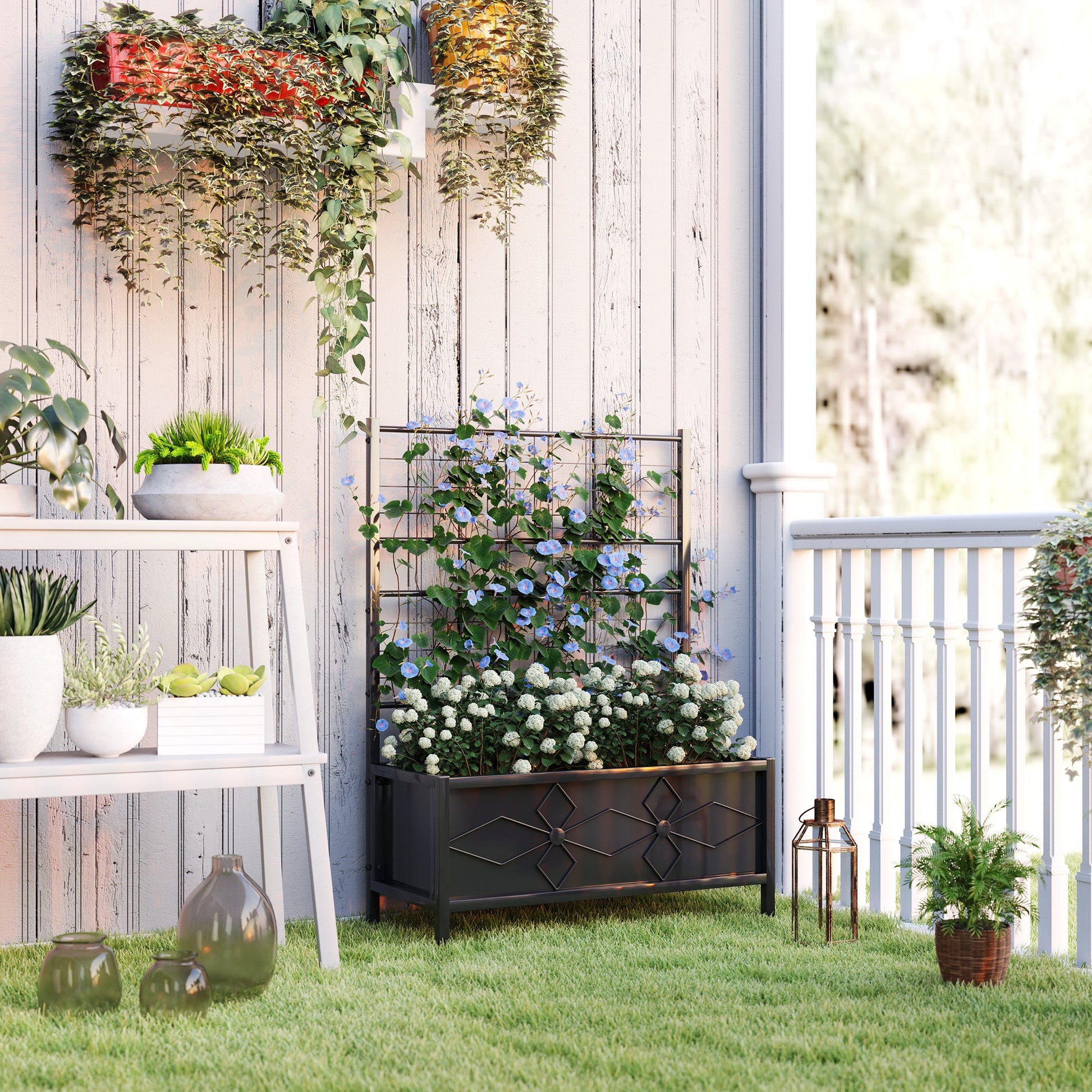 Raised Bed for Garden with Trellis, Galvanised Planter Box with Diamond Pattern, Drainage Holes for Vegetables, Herbs and Flowers, 90 x 40 x 120 cm, Black