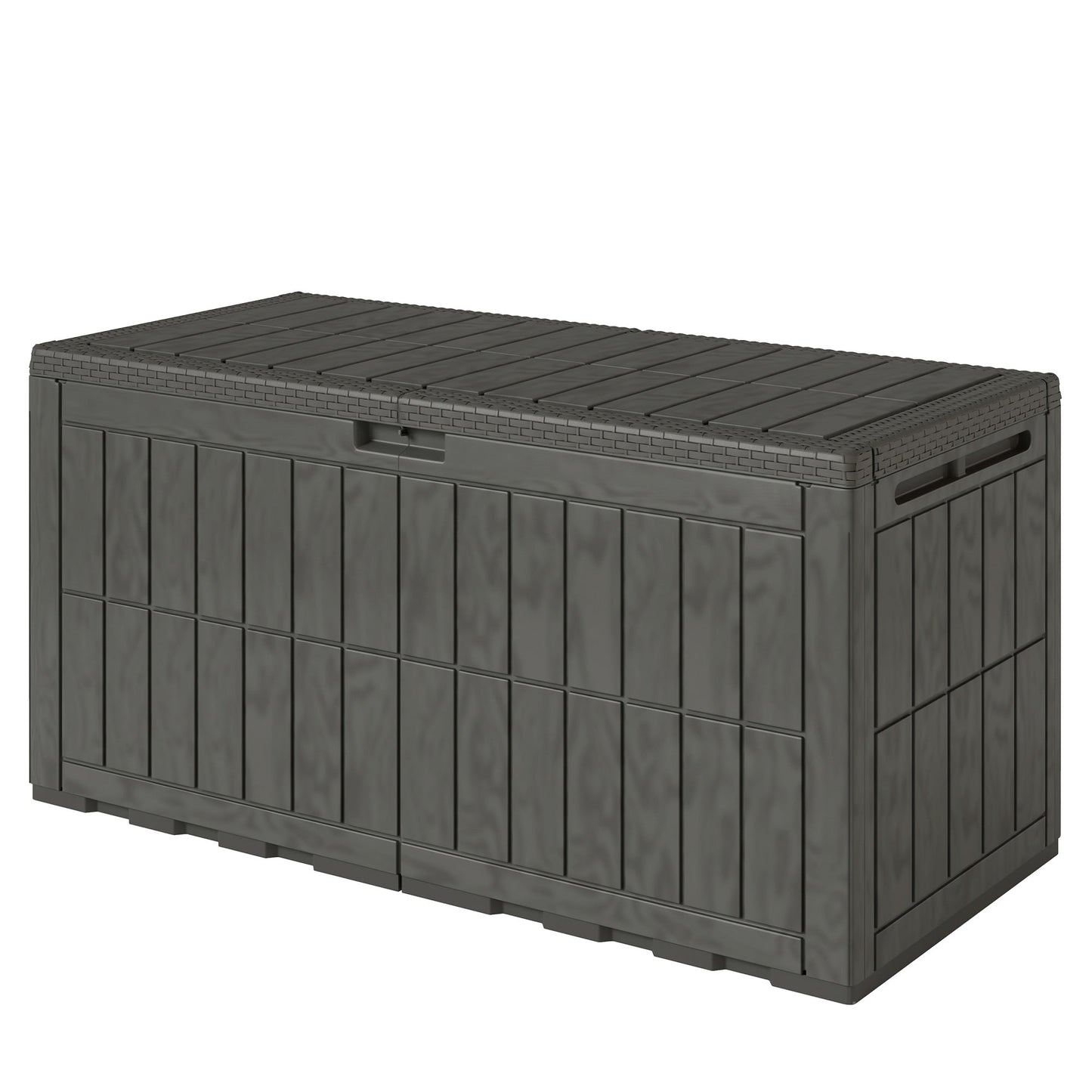 440L Garden Storage Box, Waterproof Resin Deck Box with Lockable Lid, Pneumatic Gas Rods, Side Handles, UV Resistant Wood Texture Outdoor Patio Storage Container for Garden Tools