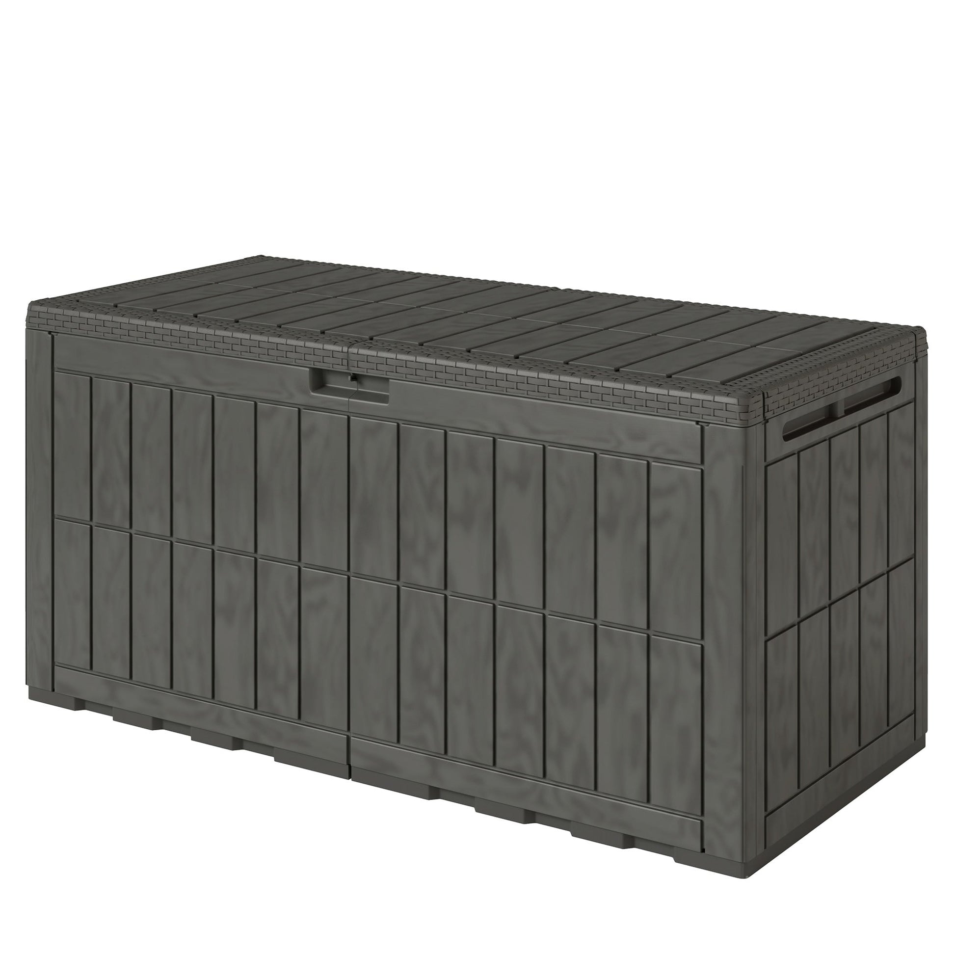 440L Garden Storage Box, Waterproof Resin Deck Box with Lockable Lid, Pneumatic Gas Rods, Side Handles, UV Resistant Wood Texture Outdoor Patio Storage Container for Garden Tools