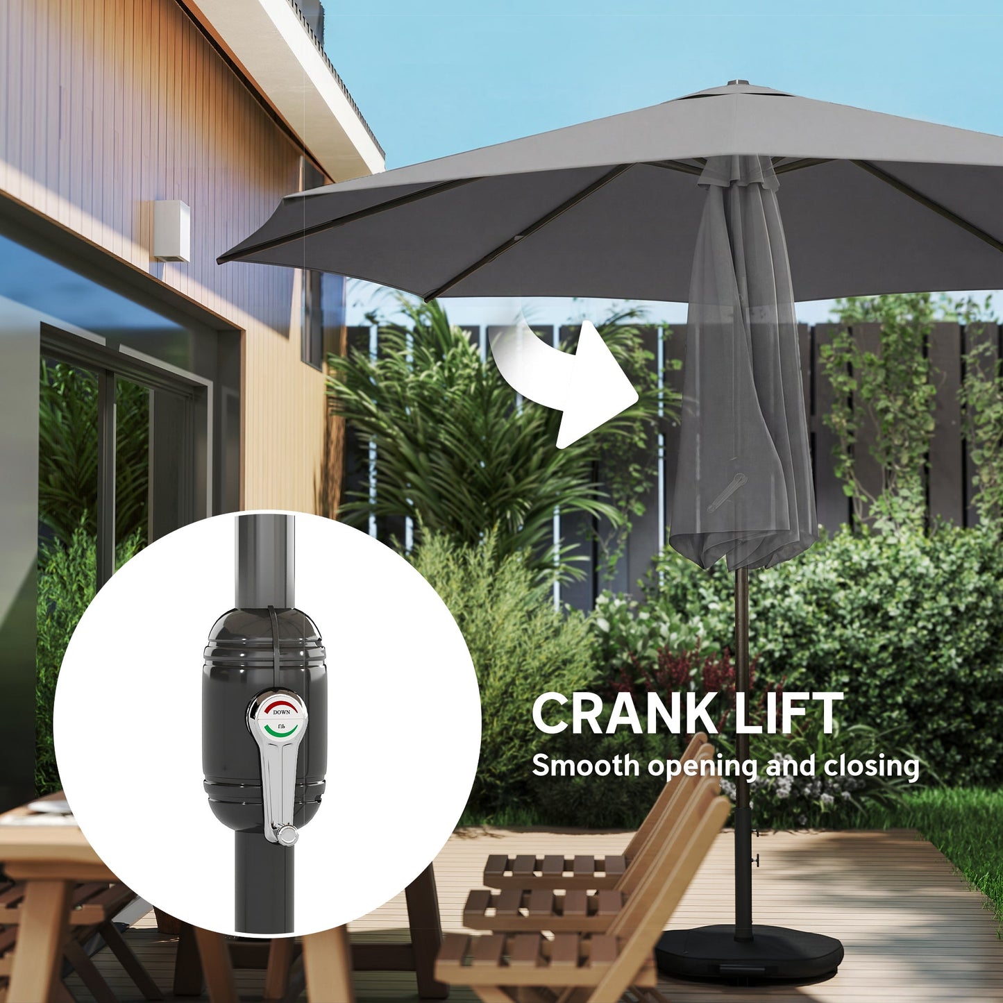 2.7 m Garden Parasol Umbrella with Cross Base and Sandbag, Retractable Ribs, Outdoor Table Market Patio Umbrella Sun Shade with 30 Degree Tilt and Crank, Vent, Light Grey