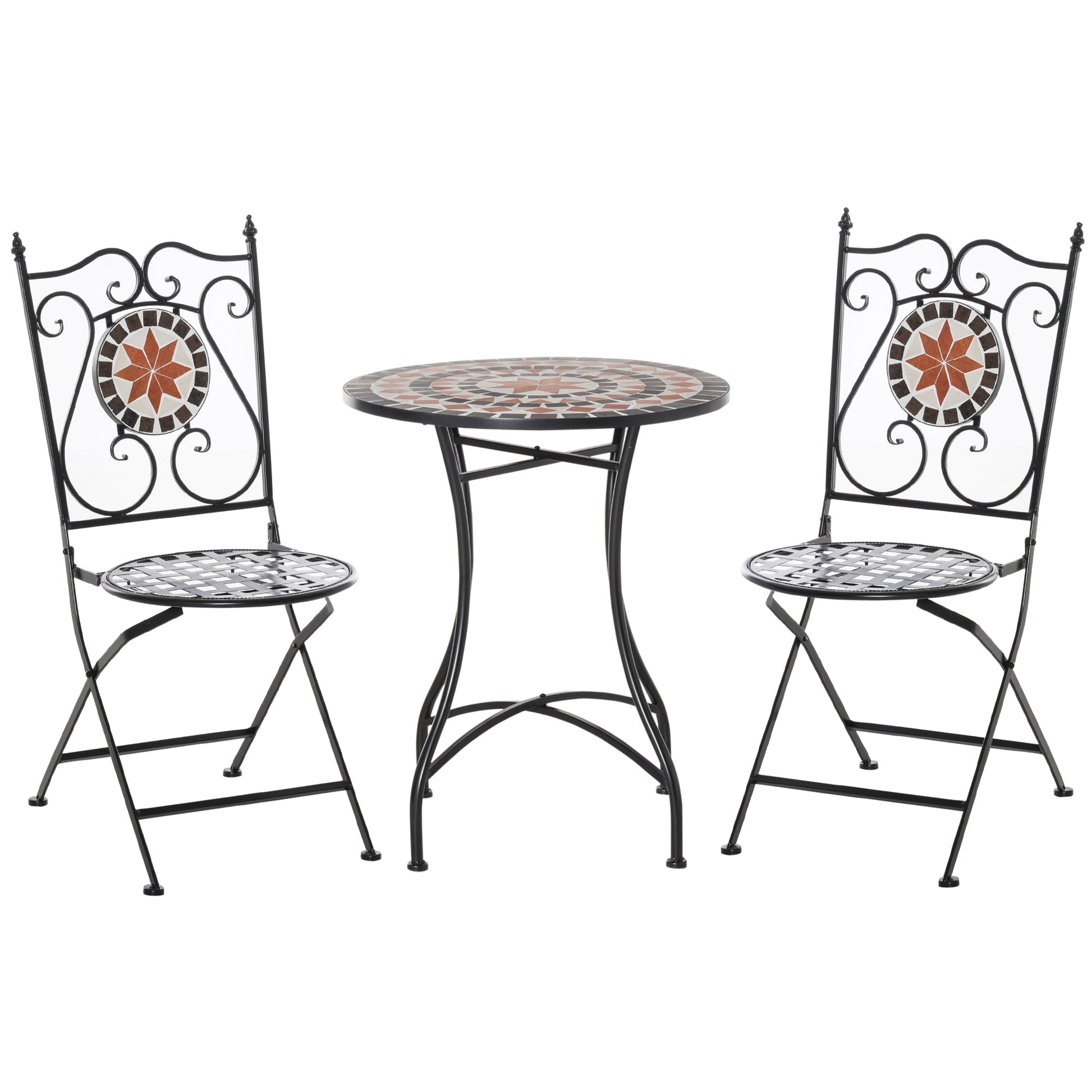 3 Pieces Garden Furniture Set, Bistro Set with 1 Ceramic Tile Round Table and 2 Foldable Chairs for Outdoor, Indoor, Patio, Balcony, Black