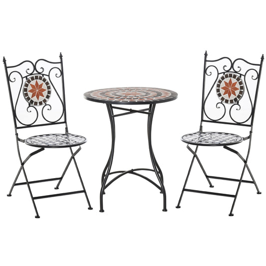 3 Pieces Garden Furniture Set, Bistro Set with 1 Ceramic Tile Round Table and 2 Foldable Chairs for Outdoor, Indoor, Patio, Balcony, Black