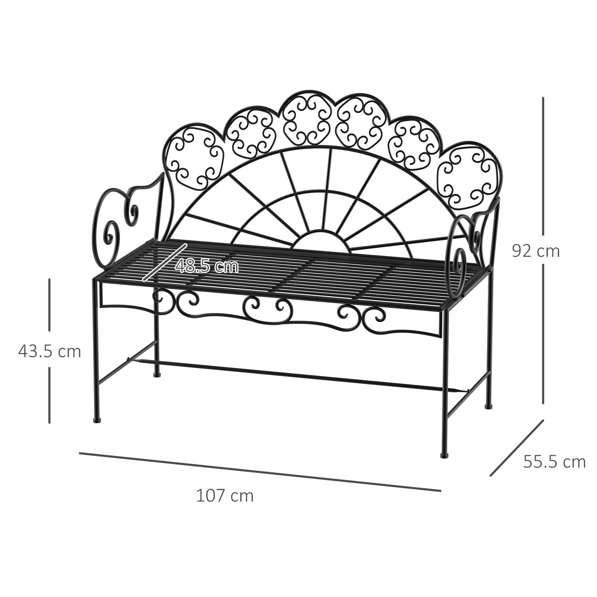 Garden Bench, 2 Seater Outdoor Patio Bench, Metal Garden Loveseat with Slatted Seat, 200 KG Capacity for Park Balcony Porch, 107 x 55.5 x 92 cm, Black