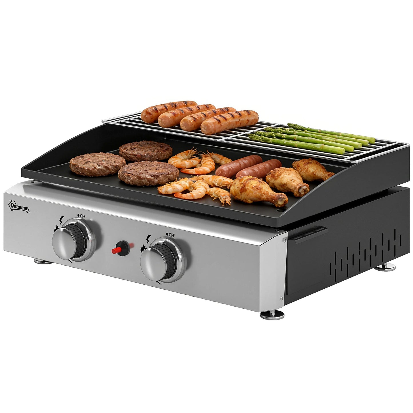 2 Burner Grill Griddle, Portable Gas Plancha with Warming Rack, 5 kW, Tabletop Gas BBQ with Grease Cup for Camping Picnic Patios, Black