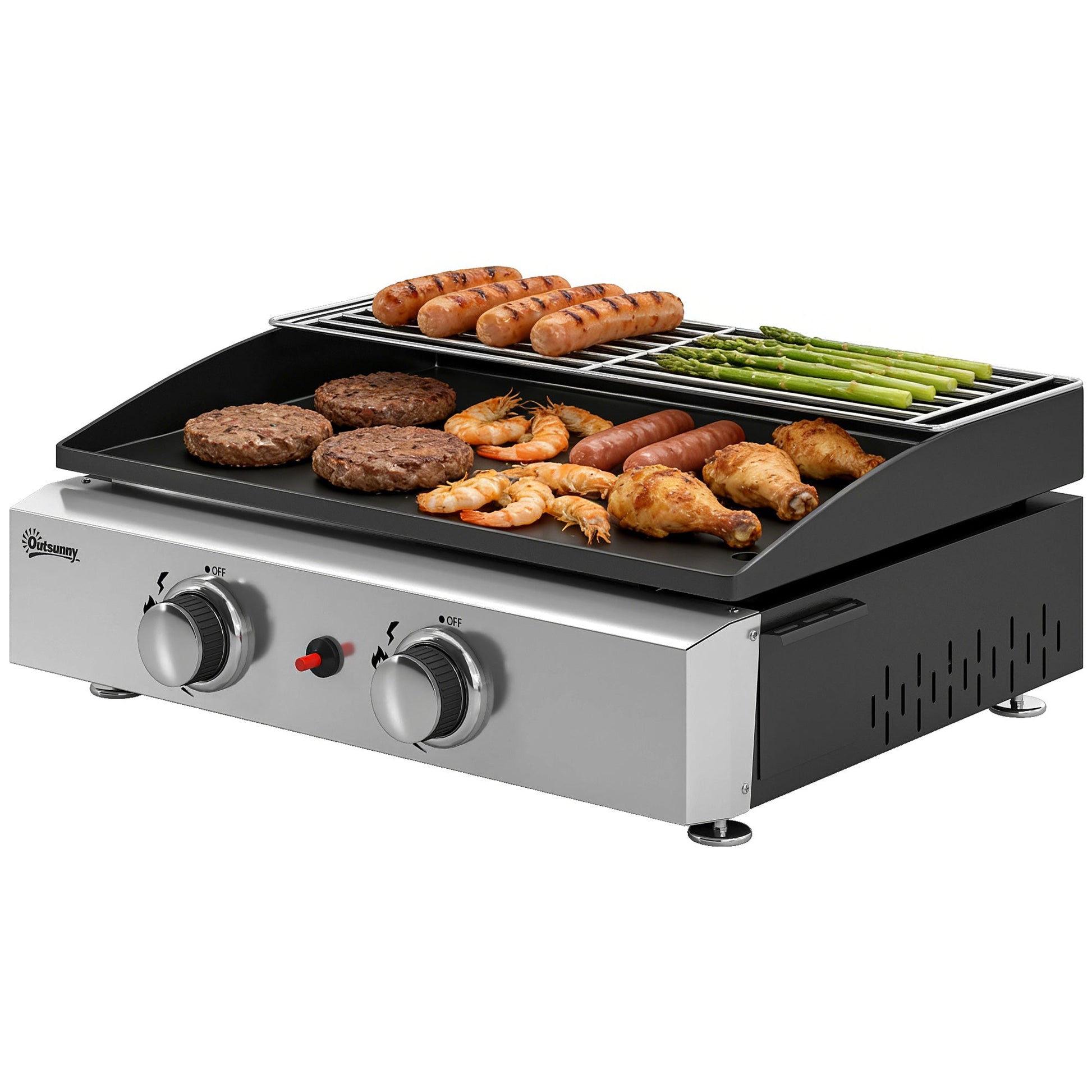 2 Burner Grill Griddle, Portable Gas Plancha with Warming Rack, 5 kW, Tabletop Gas BBQ with Grease Cup for Camping Picnic Patios, Black
