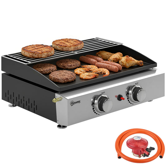 2 Burner Grill Griddle, Portable Gas Plancha with Warming Rack, 5 kW, Tabletop Gas BBQ with Grease Cup for Camping Picnic Patios, Black