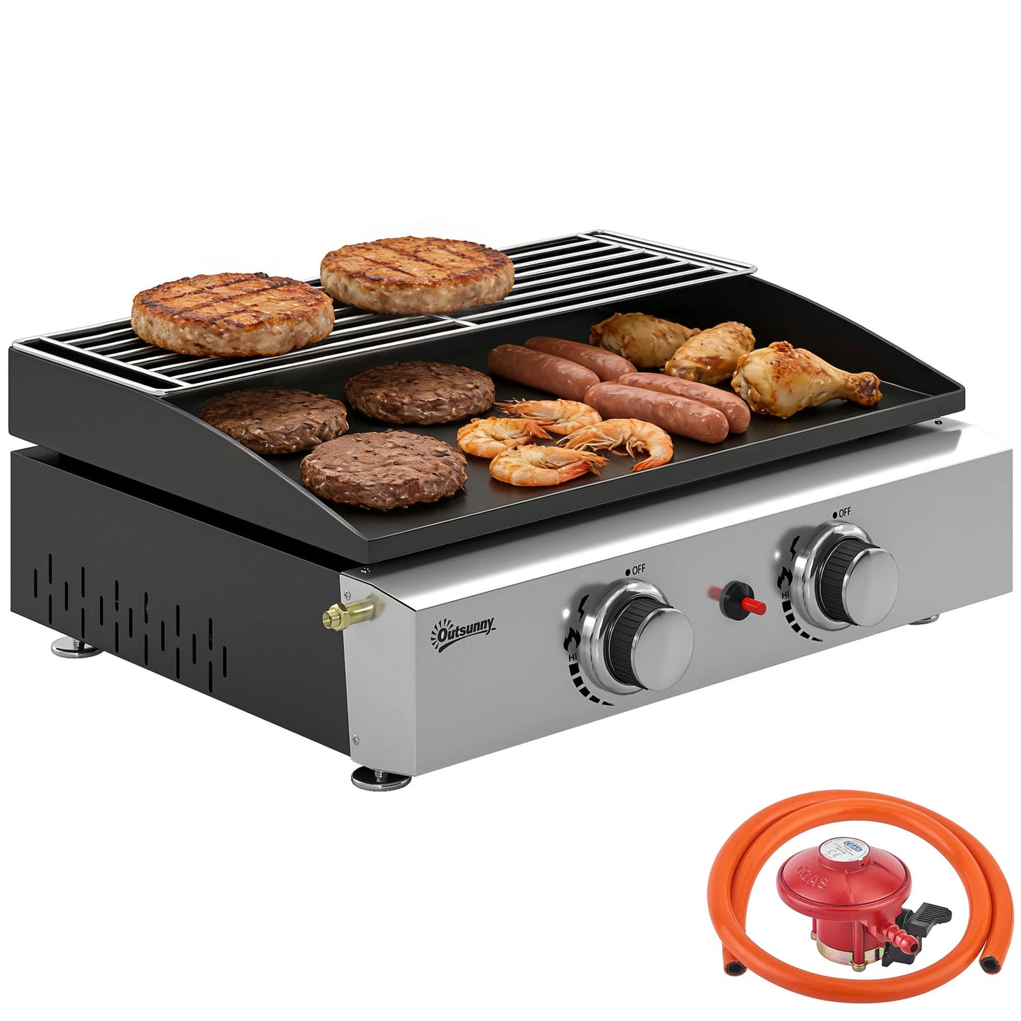 2 Burner Grill Griddle, Portable Gas Plancha with Warming Rack, 5 kW, Tabletop Gas BBQ with Grease Cup for Camping Picnic Patios, Black