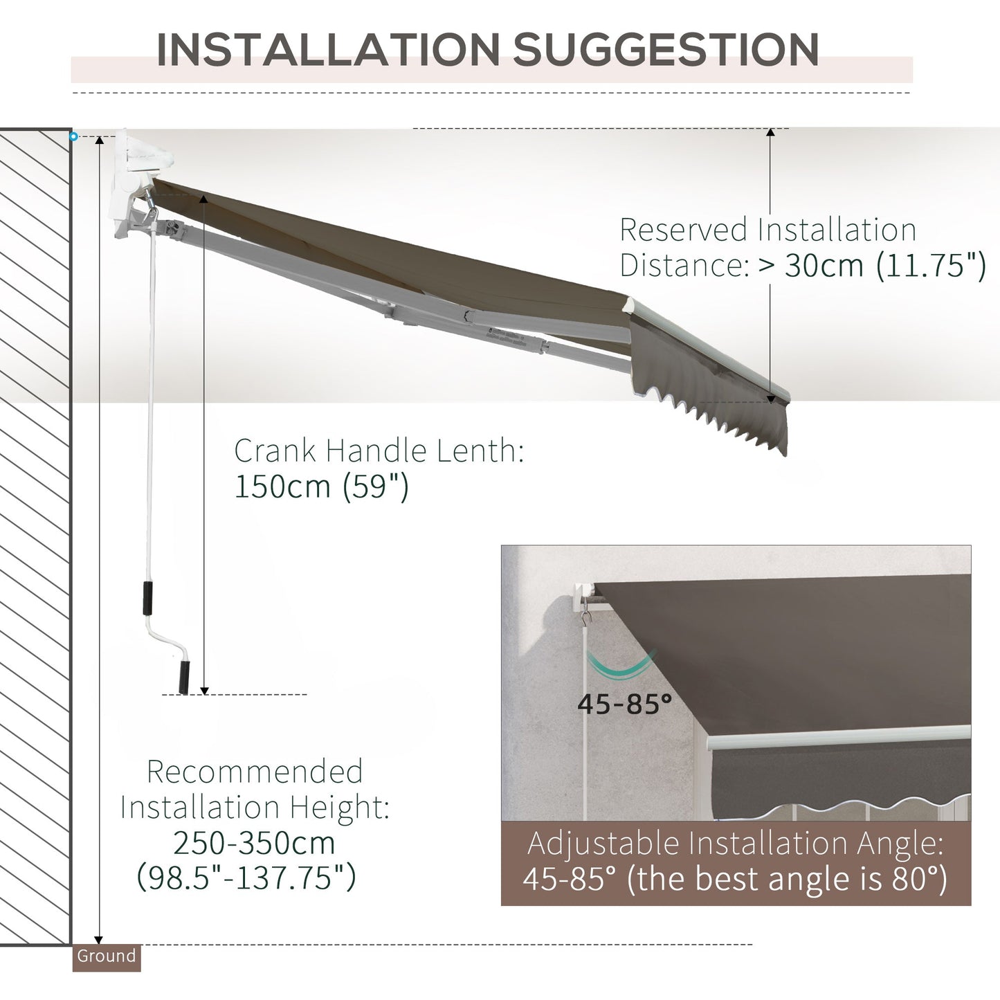 3 x 2m Manual Window Awning Canopy Garden Outdoor Shelter Patio Sun Shade UV Blocker Light Weight Aluminium Frame w/ Hand Crank Grey