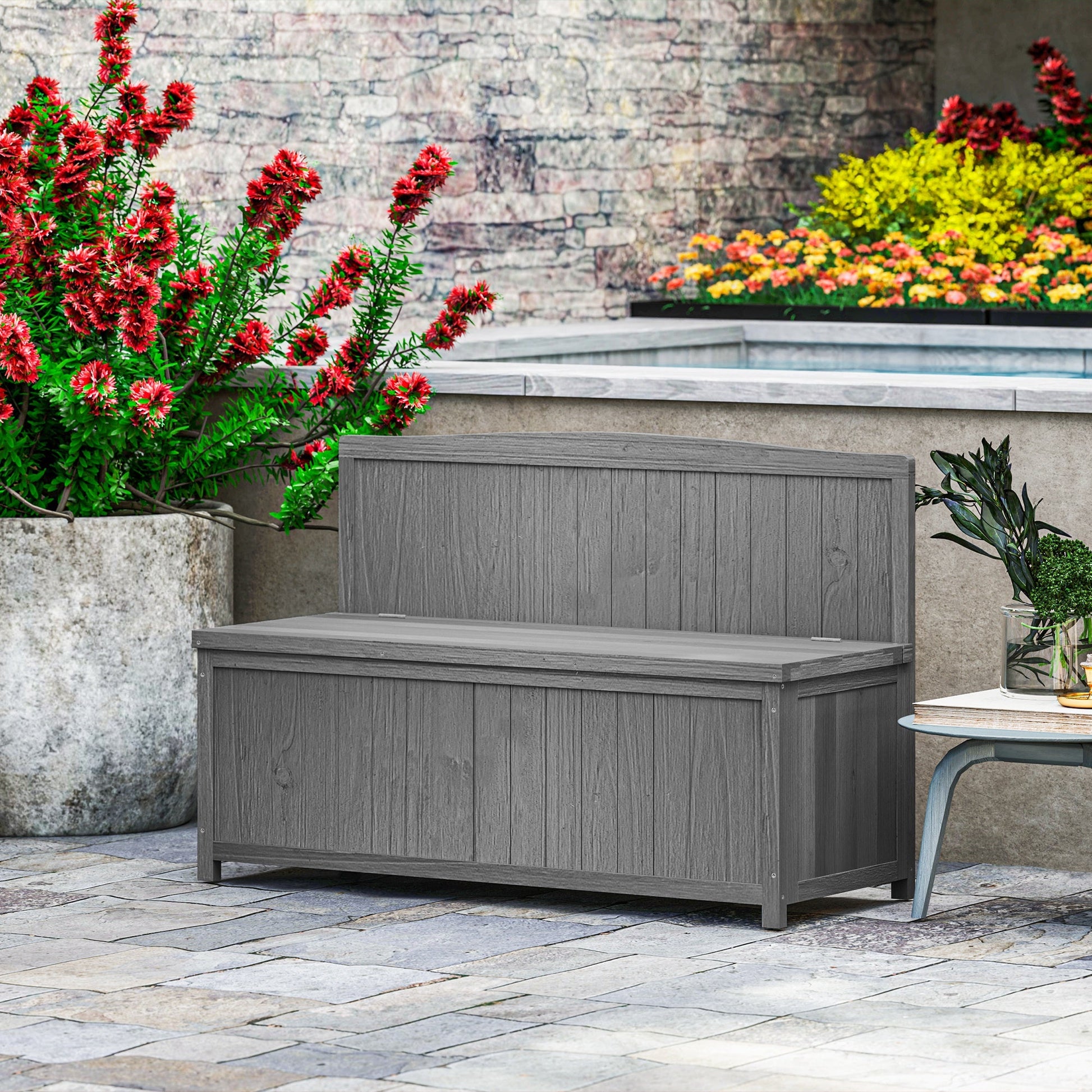 Garden Arch Wood Bench Outdoor Storage Box Garden Furniture Chair 115L x 45W x 75Hcm, Grey