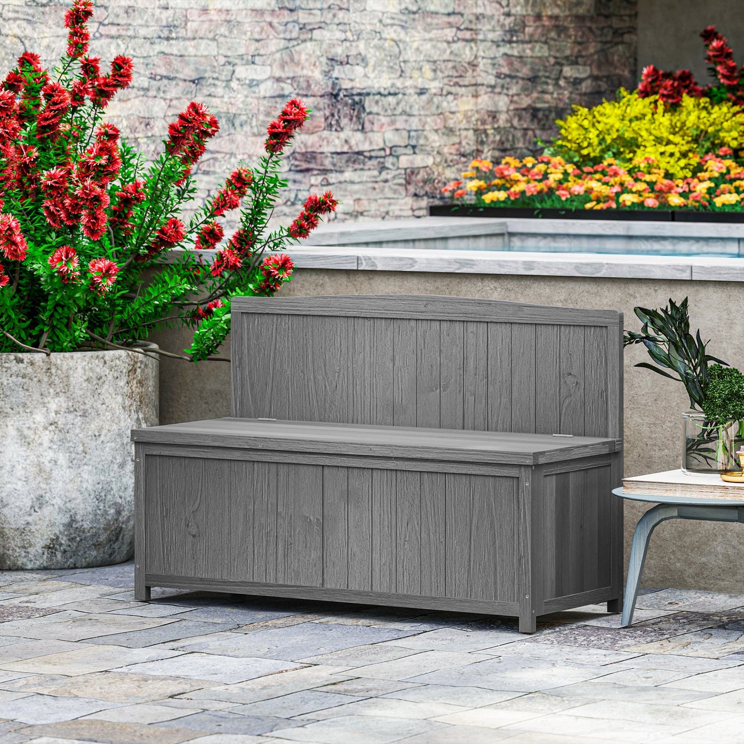 Garden Arch Wood Bench Outdoor Storage Box Garden Furniture Chair 115L x 45W x 75Hcm, Grey
