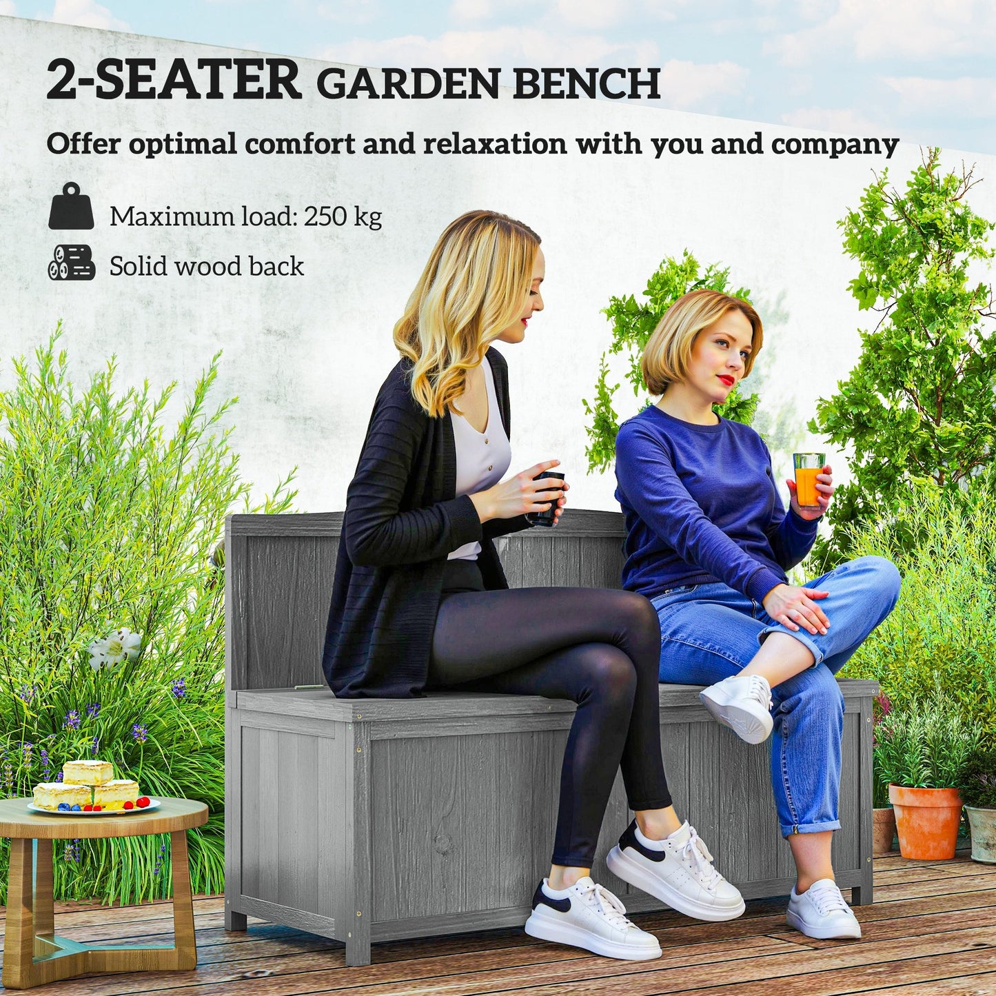 Garden Arch Wood Bench Outdoor Storage Box Garden Furniture Chair 115L x 45W x 75Hcm, Grey