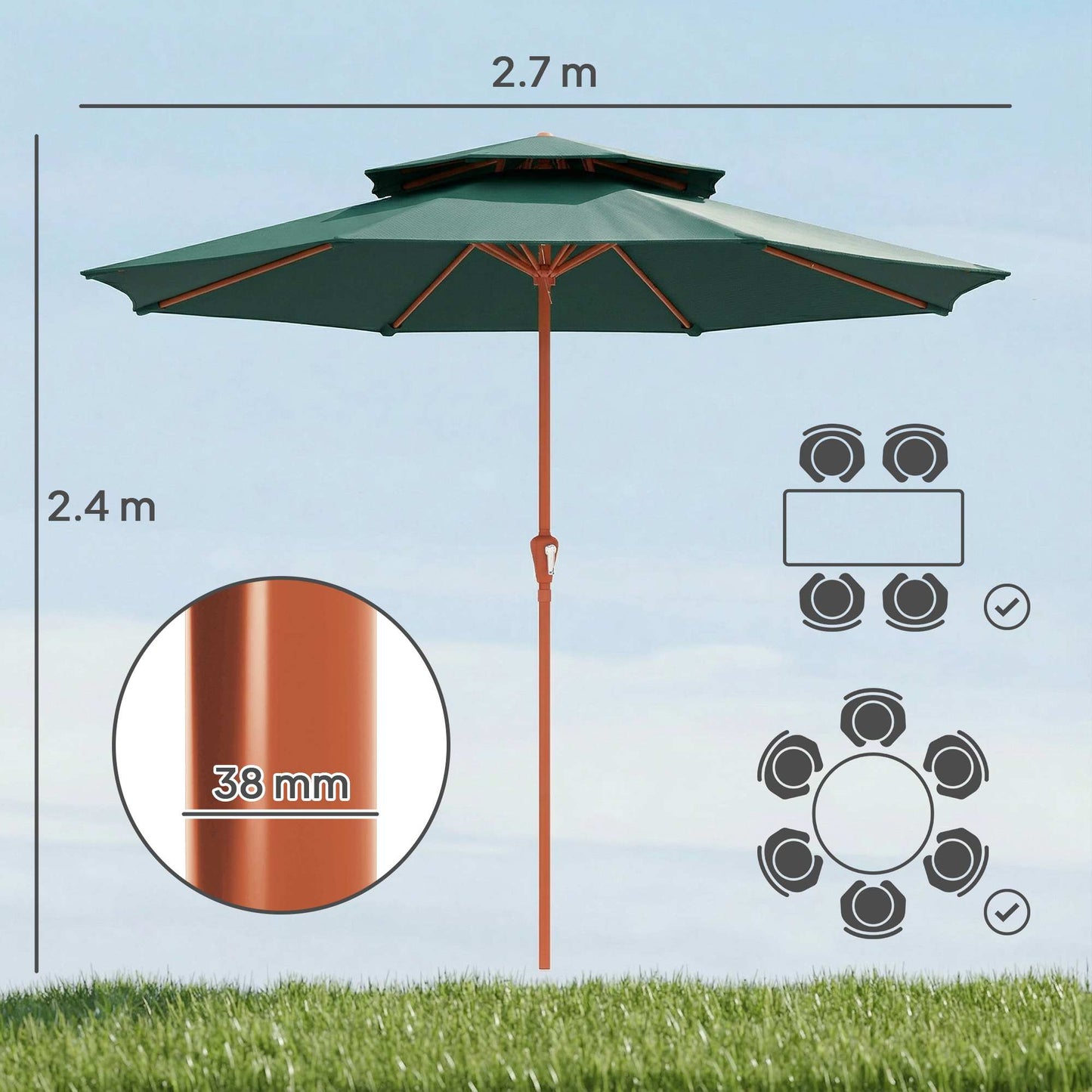 Patio Umbrella with Crank, Double Top Outdoor Market Table Umbrella for Garden, Patio,104'' x 104'', Green