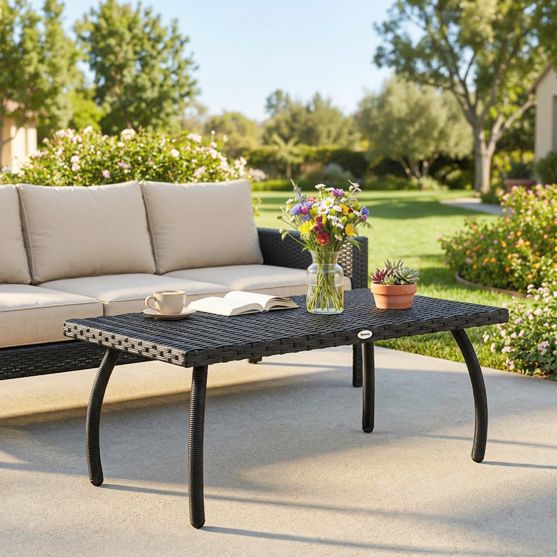 Rattan Garden Coffee Table, PE Wicker Outdoor Garden Table with All-Weather Material for Garden, Balcony, Porch, Black