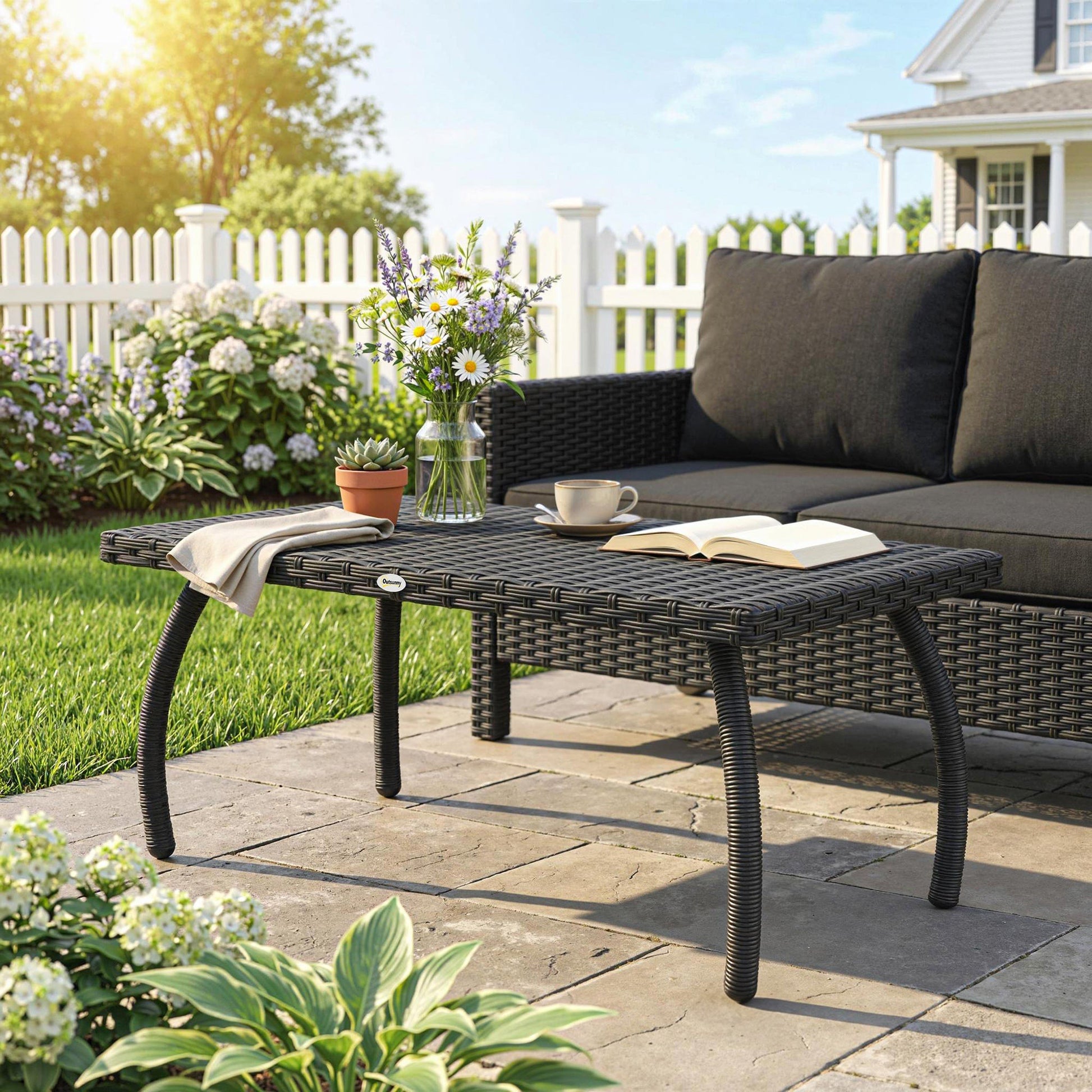 Rattan Garden Coffee Table, PE Wicker Outdoor Garden Table with All-Weather Material for Garden, Balcony, Porch, Black