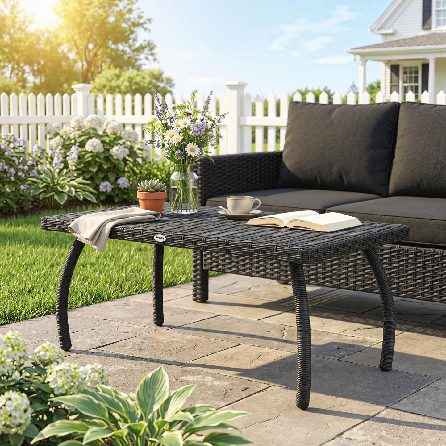 Rattan Garden Coffee Table, PE Wicker Outdoor Garden Table with All-Weather Material for Garden, Balcony, Porch, Black