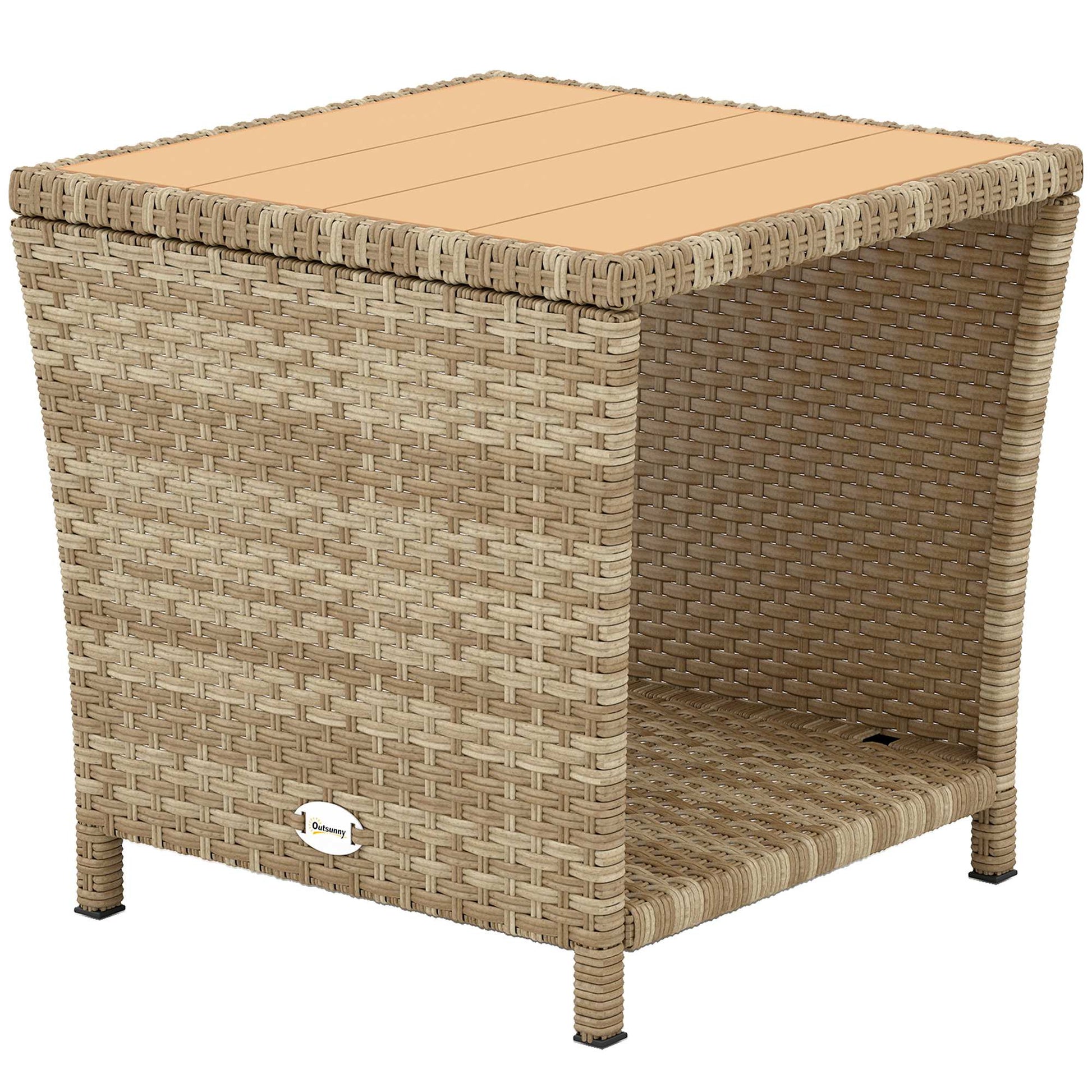 2-Tier PE Rattan Side Table with Storage Shelf, Square Outdoor Coffee Table with PS Wood Slat Top, UV-Resistant for Patio, Garden, Balcony, Khaki