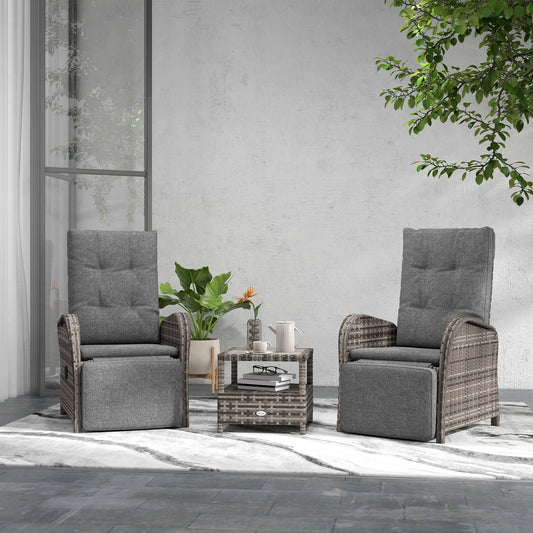 3 Pieces Rattan Bistro Set, Wicker Balcony Furniture Set with Reclining Sun Loungers, 2-Tier Coffee Table and Cushions, 2 Seater Garden Furniture for Outdoor Patio Balcony, Brown