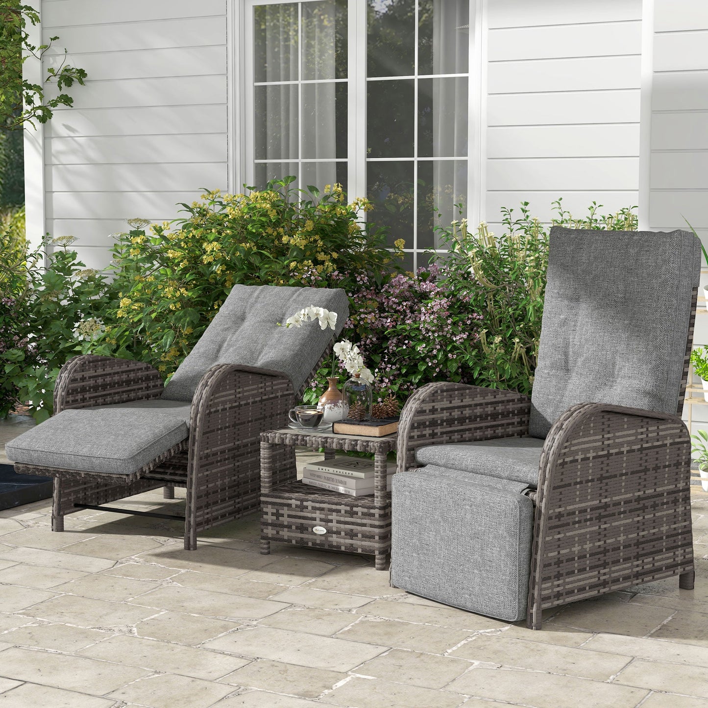 3 Pieces Rattan Bistro Set, Wicker Balcony Furniture Set with Reclining Sun Loungers, 2-Tier Coffee Table and Cushions, 2 Seater Garden Furniture for Outdoor Patio Balcony, Brown