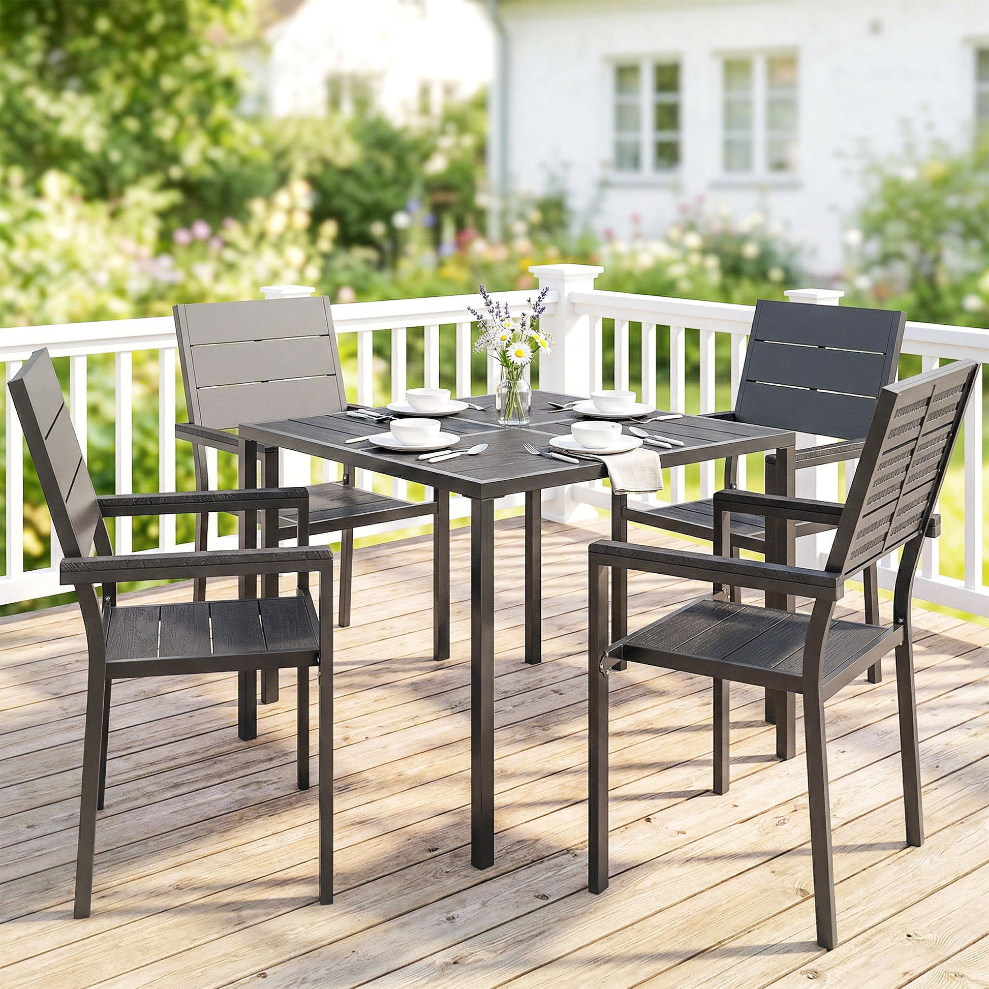 5 Pieces Garden Dining Set, Garden Table and Chairs Set for 4 with Square HDPE Table and Chairs with Armrests, Outdoor Furniture for Patio Porch Terrace, Black
