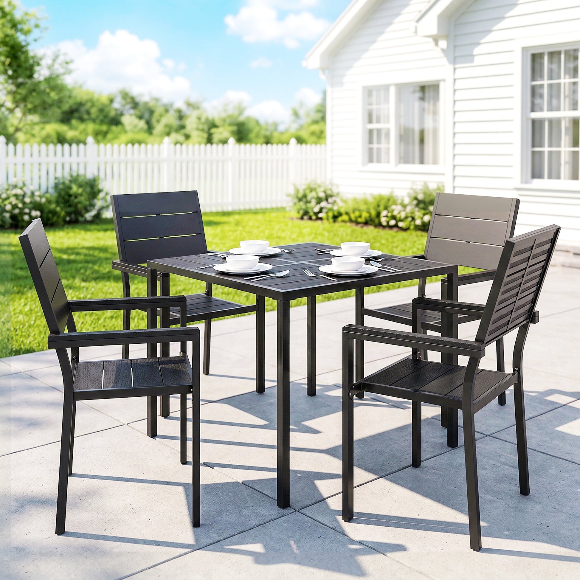 5 Pieces Garden Dining Set, Garden Table and Chairs Set for 4 with Square HDPE Table and Chairs with Armrests, Outdoor Furniture for Patio Porch Terrace, Black