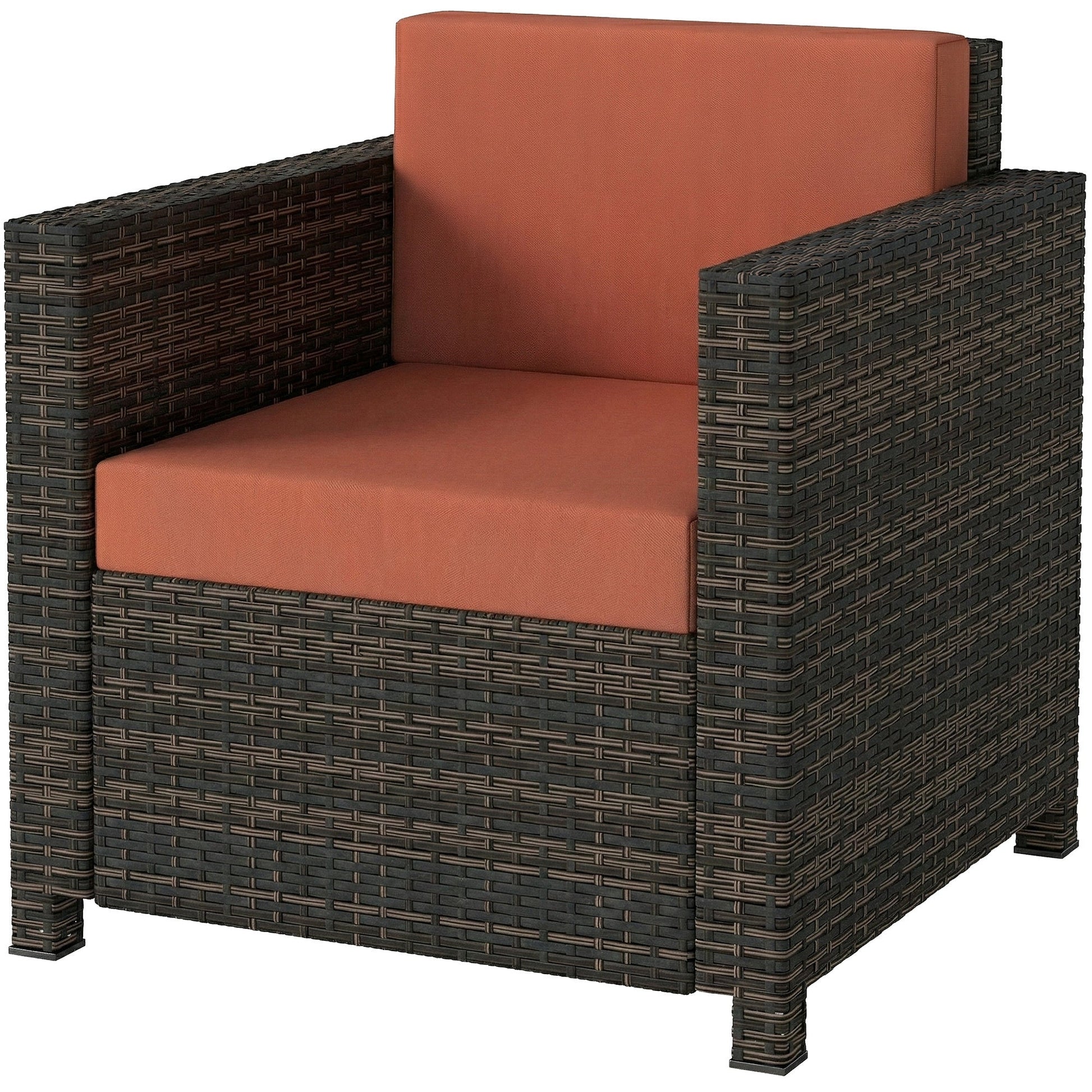 Single Seater Rattan Chair, PE Wicker Garden Armchair with 10 cm Thickened Cushion, All-Weather Rattan Garden Chair with Armrests, Mixed Brown/Orange