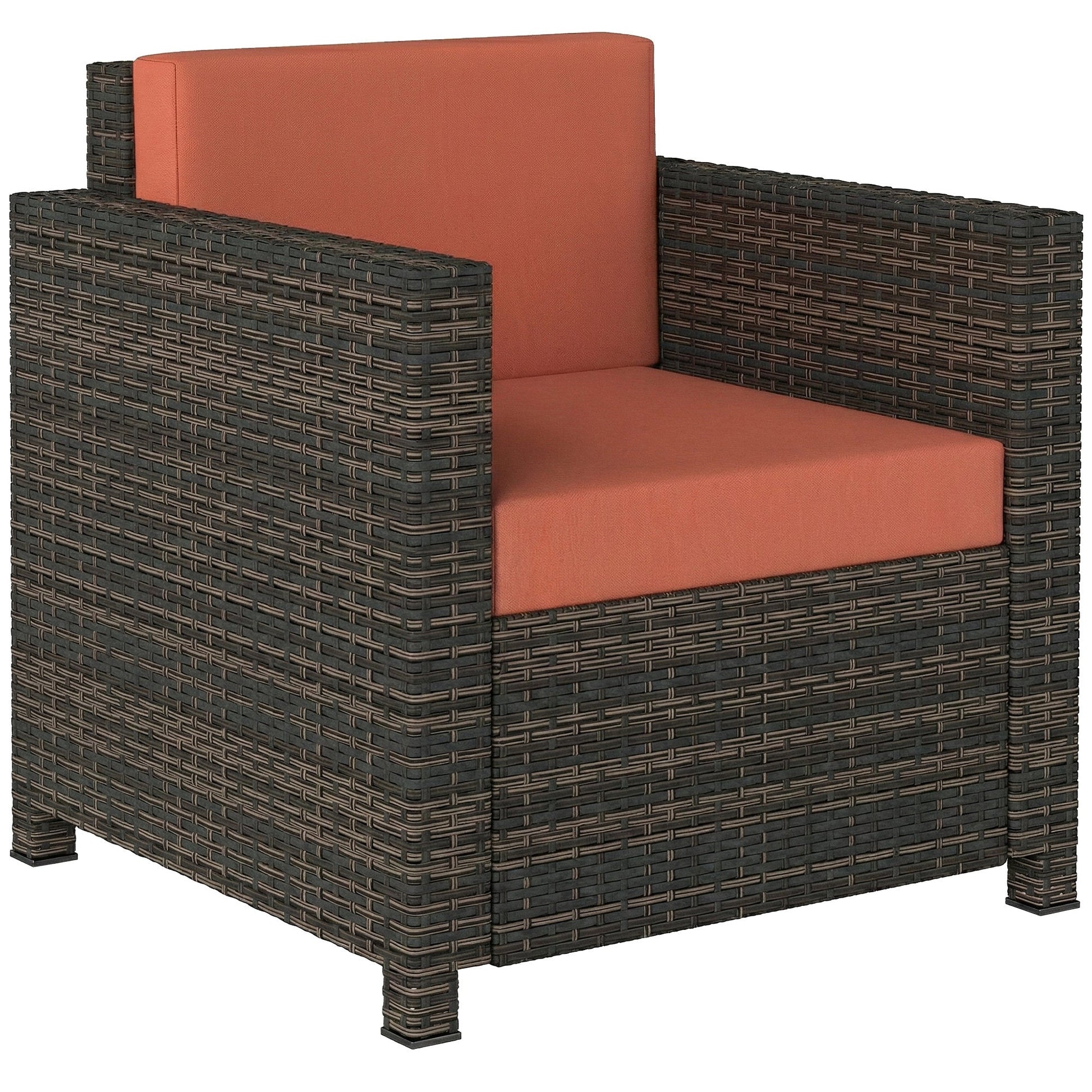 Single Seater Rattan Chair, PE Wicker Garden Armchair with 10 cm Thickened Cushion, All-Weather Rattan Garden Chair with Armrests, Mixed Brown/Orange