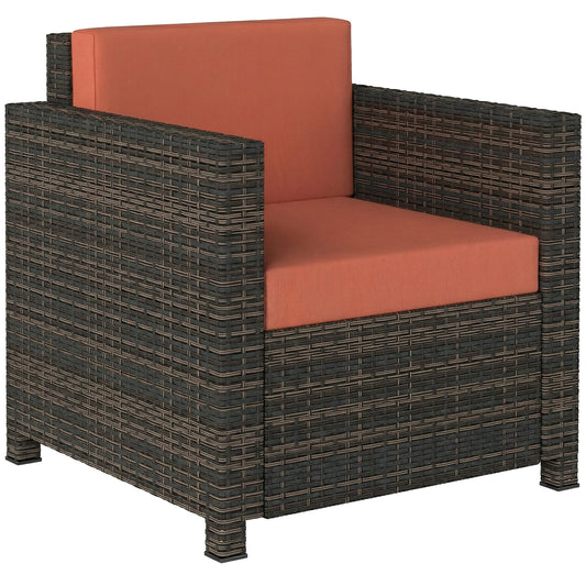 Single Seater Rattan Chair, PE Wicker Garden Armchair with 10 cm Thickened Cushion, All-Weather Rattan Garden Chair with Armrests, Mixed Brown/Orange