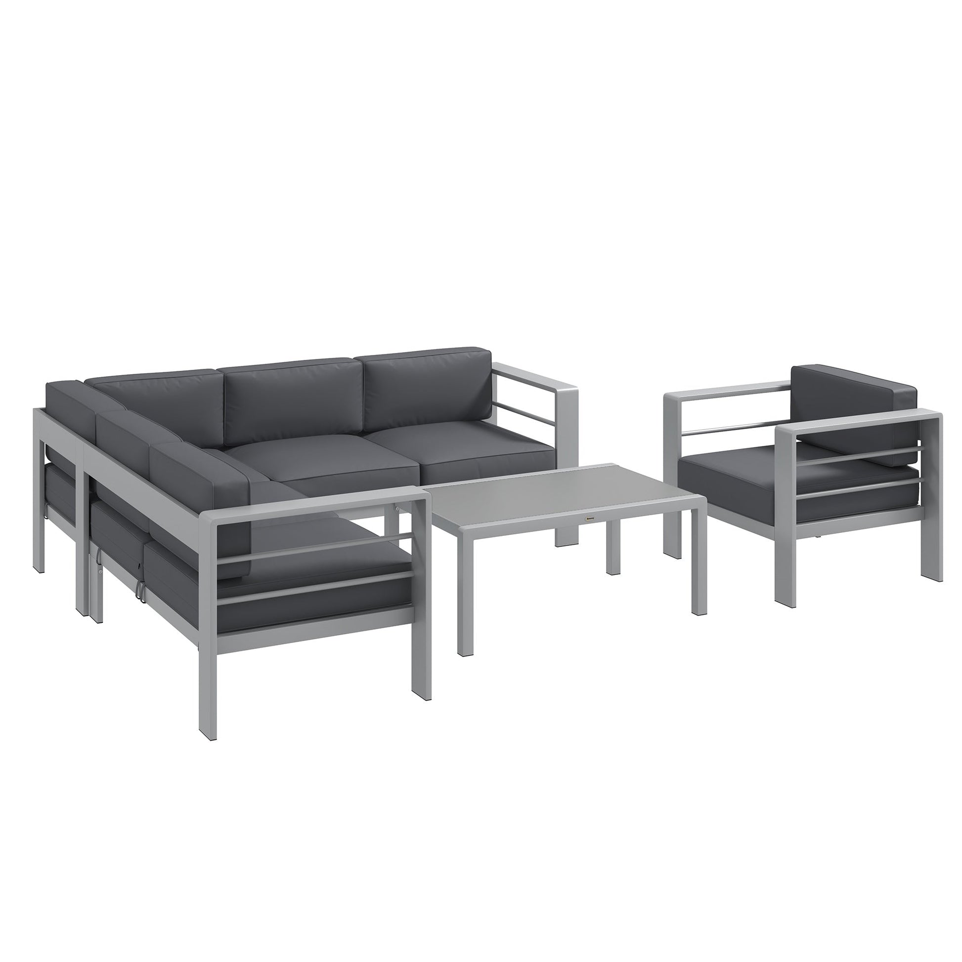 5-Piece Garden Sofa Set with Cushions, 6 Seater Aluminium Garden Furniture Set with Glass Top Coffee Table, Patio Sectional Conservatory Furniture for Patio & Terrace, Light Grey