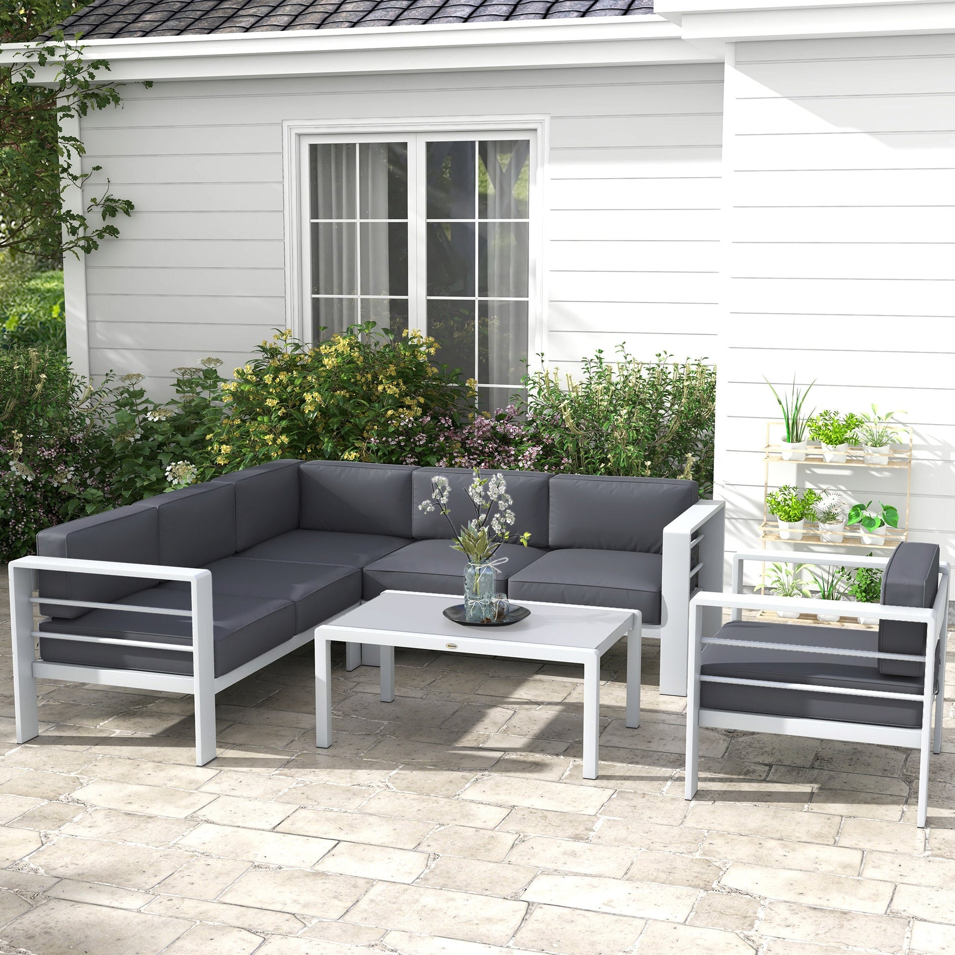 5-Piece Garden Sofa Set with Cushions, 6 Seater Aluminium Garden Furniture Set with Glass Top Coffee Table, Patio Sectional Conservatory Furniture for Patio & Terrace, Light Grey