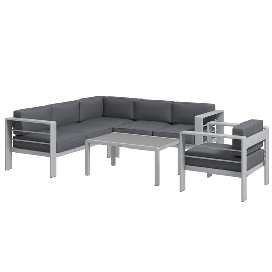 5-Piece Garden Sofa Set with Cushions, 6 Seater Aluminium Garden Furniture Set with Glass Top Coffee Table, Patio Sectional Conservatory Furniture for Patio & Terrace, Light Grey