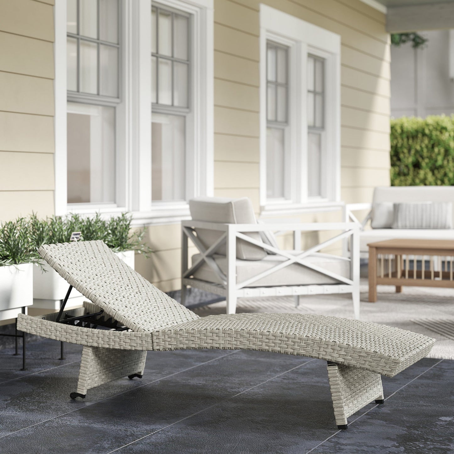 Outdoor PE Rattan Sun Lounger, Folding Wicker Garden Lounger Recliner with 4-Level Adjustable Backrest, Rolling Sunbed Lounge Chair with Wheels, Non-Slip Legs for Balcony, Beach, Grey