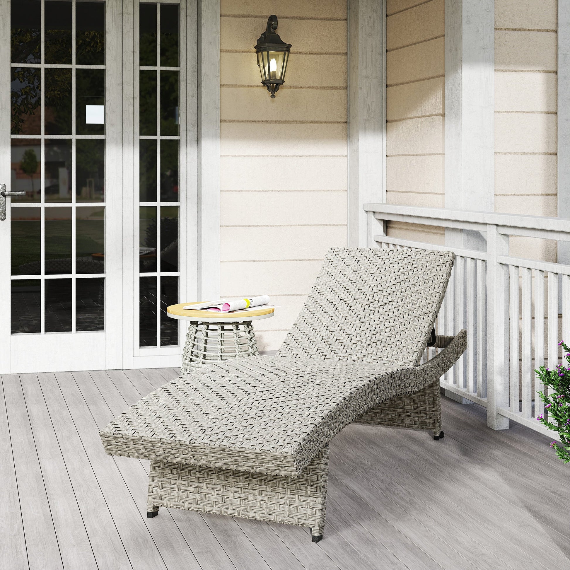 Outdoor PE Rattan Sun Lounger, Folding Wicker Garden Lounger Recliner with 4-Level Adjustable Backrest, Rolling Sunbed Lounge Chair with Wheels, Non-Slip Legs for Balcony, Beach, Grey