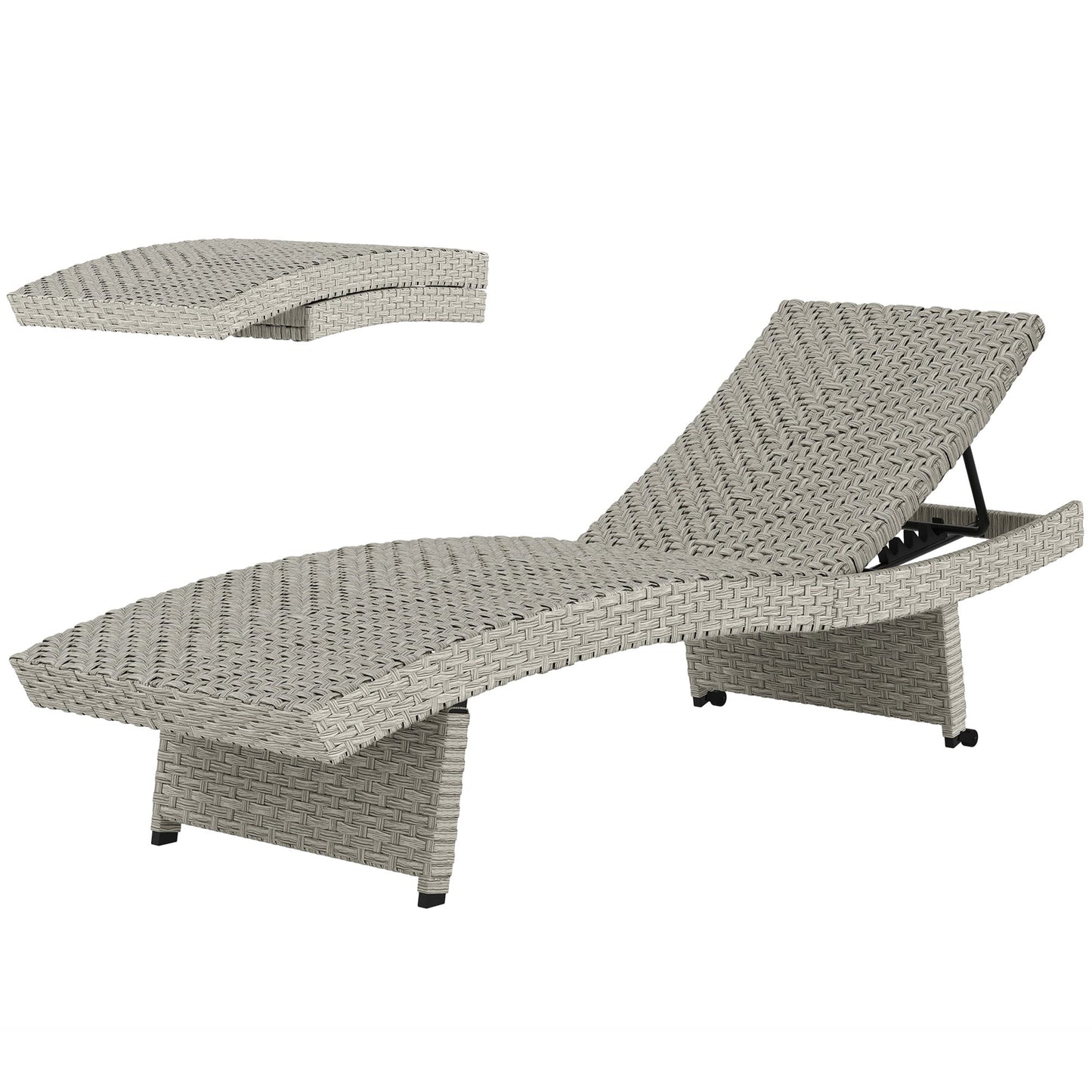 Outdoor PE Rattan Sun Lounger, Folding Wicker Garden Lounger Recliner with 4-Level Adjustable Backrest, Rolling Sunbed Lounge Chair with Wheels, Non-Slip Legs for Balcony, Beach, Grey