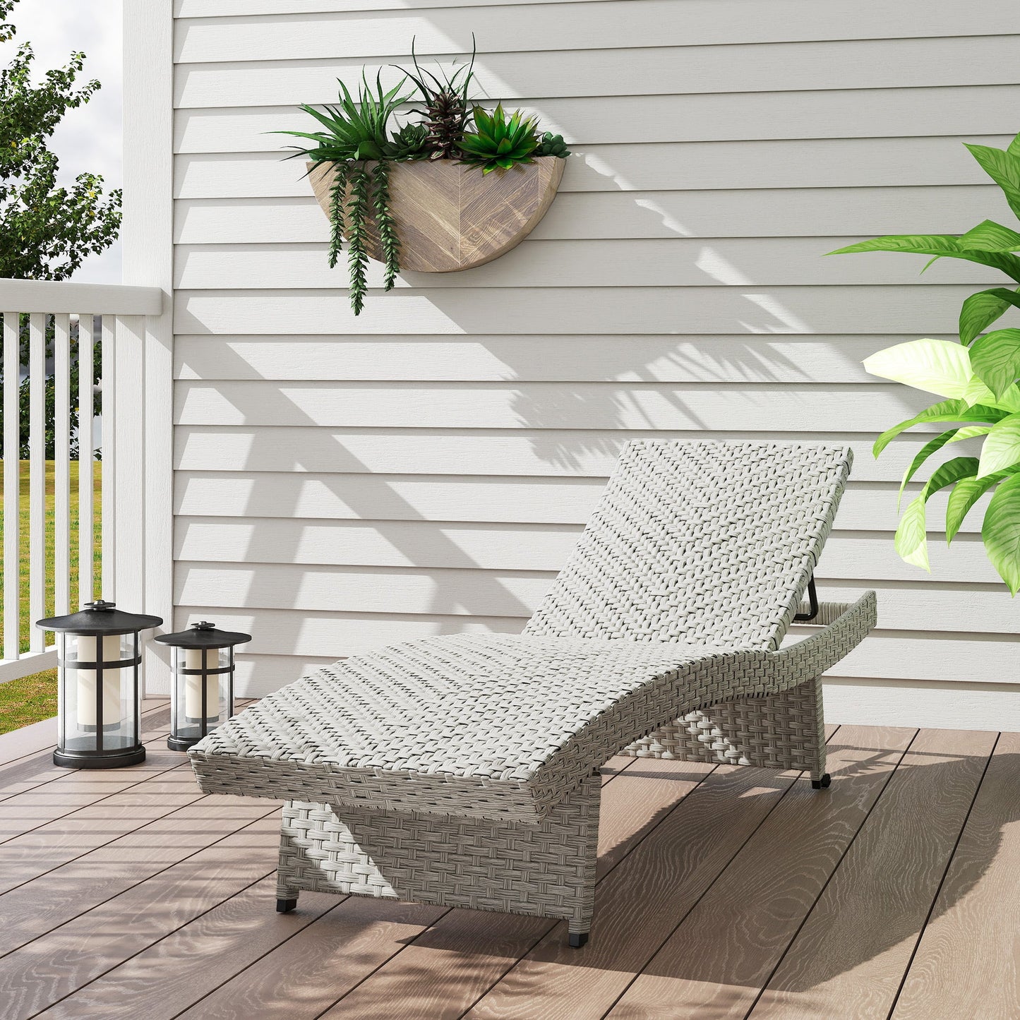Outdoor PE Rattan Sun Lounger, Folding Wicker Garden Lounger Recliner with 4-Level Adjustable Backrest, Rolling Sunbed Lounge Chair with Wheels, Non-Slip Legs for Balcony, Beach, Grey