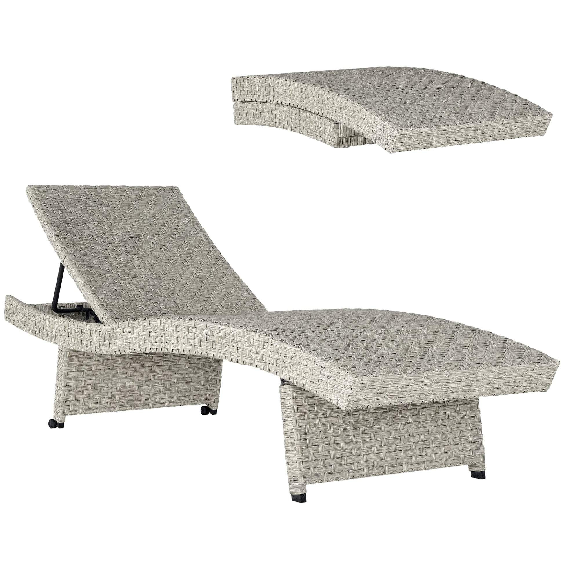 Outdoor PE Rattan Sun Lounger, Folding Wicker Garden Lounger Recliner with 4-Level Adjustable Backrest, Rolling Sunbed Lounge Chair with Wheels, Non-Slip Legs for Balcony, Beach, Grey