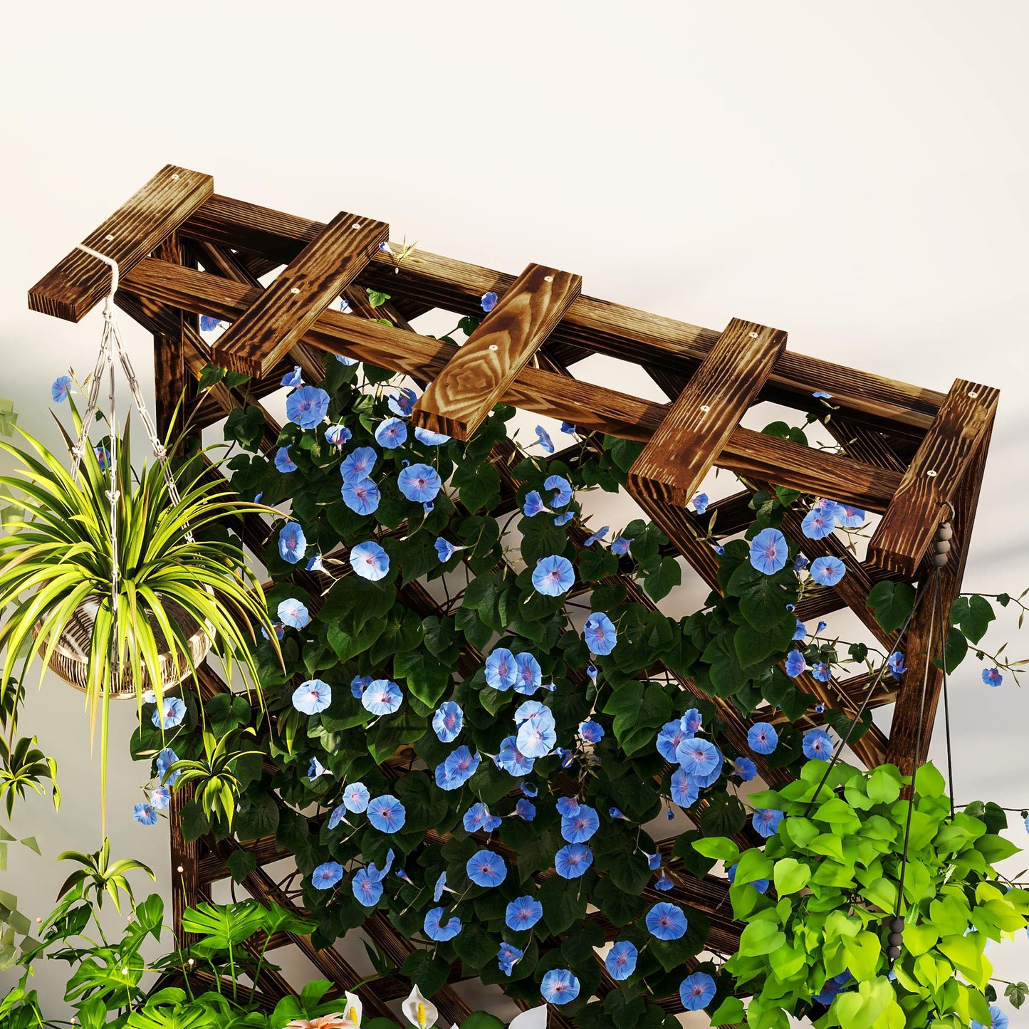 Wooden Planter with Trellis, Freestanding Raised Garden Bed with Drainage Holes, Outdoor Planter Box with Liner for Vegetables, Herbs and Flowers, Carbonised