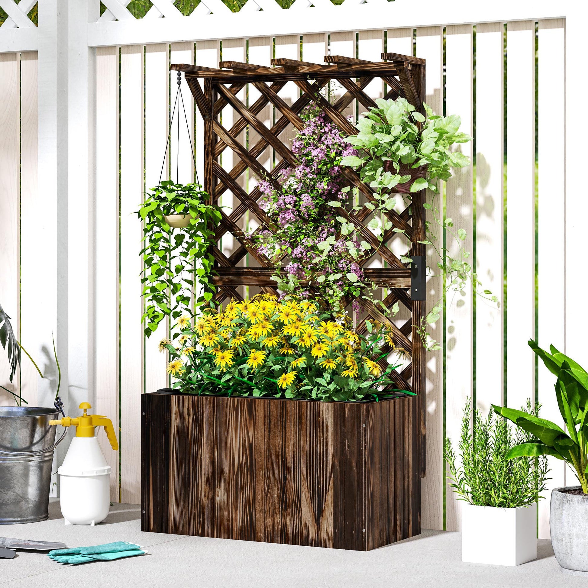 Wooden Planter with Trellis, Freestanding Raised Garden Bed with Drainage Holes, Outdoor Planter Box with Liner for Vegetables, Herbs and Flowers, Carbonised