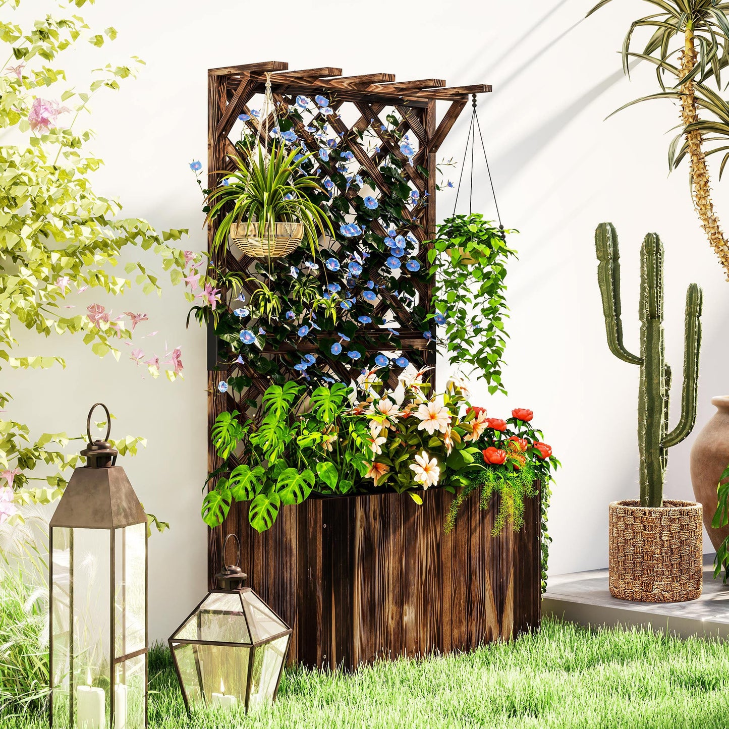 Wooden Planter with Trellis, Freestanding Raised Garden Bed with Drainage Holes, Outdoor Planter Box with Liner for Vegetables, Herbs and Flowers, Carbonised