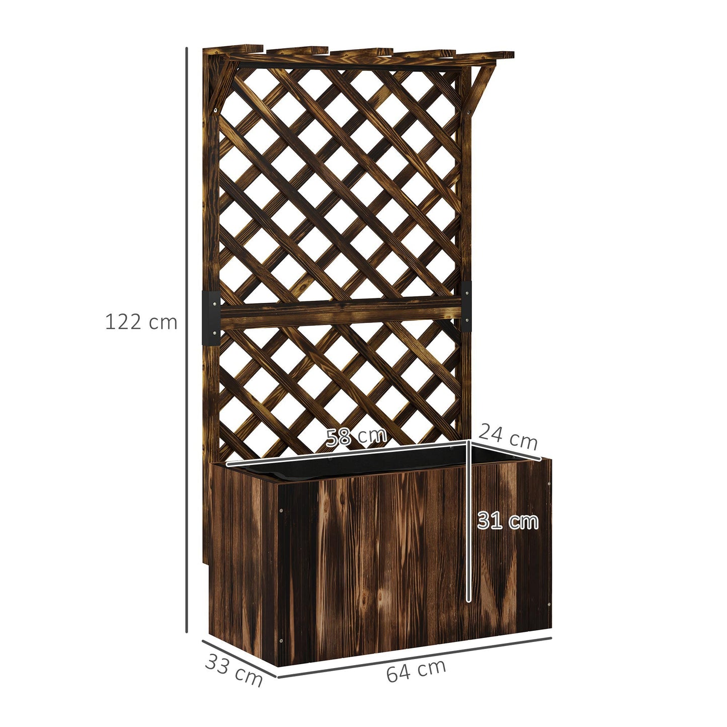 Wooden Planter with Trellis, Freestanding Raised Garden Bed with Drainage Holes, Outdoor Planter Box with Liner for Vegetables, Herbs and Flowers, Carbonised