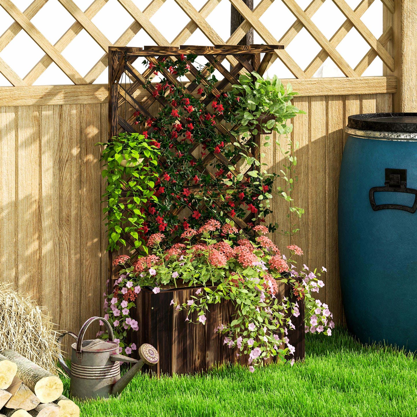 Wooden Planter with Trellis, Freestanding Raised Garden Bed with Drainage Holes, Outdoor Planter Box with Liner for Vegetables, Herbs and Flowers, Carbonised