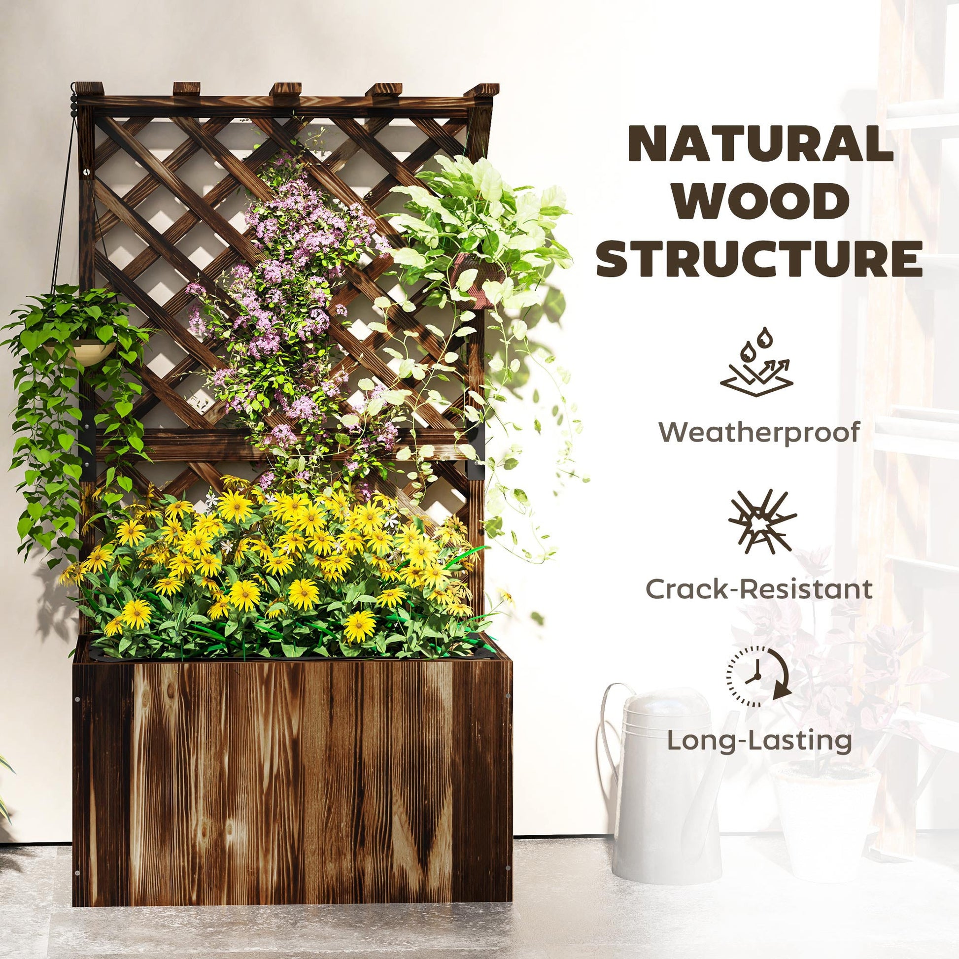 Wooden Planter with Trellis, Freestanding Raised Garden Bed with Drainage Holes, Outdoor Planter Box with Liner for Vegetables, Herbs and Flowers, Carbonised
