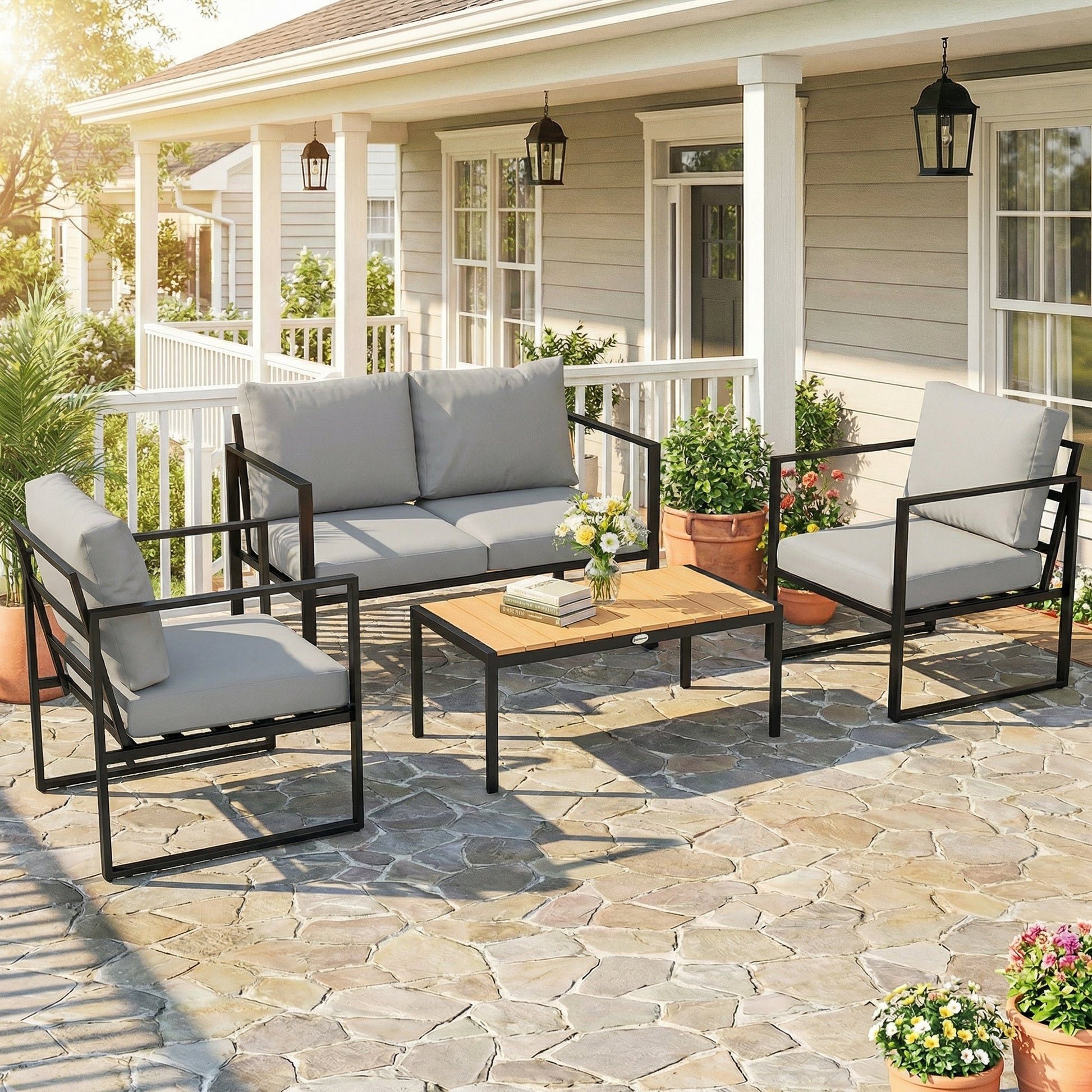 Outdoor Garden Furniture Set, 4 Piece Patio Furniture with Slatted Table, Loveseat and Armchairs, Indoor Outdoor Balcony Patio Conservatory Set with Metal Frame and Cushions, Grey