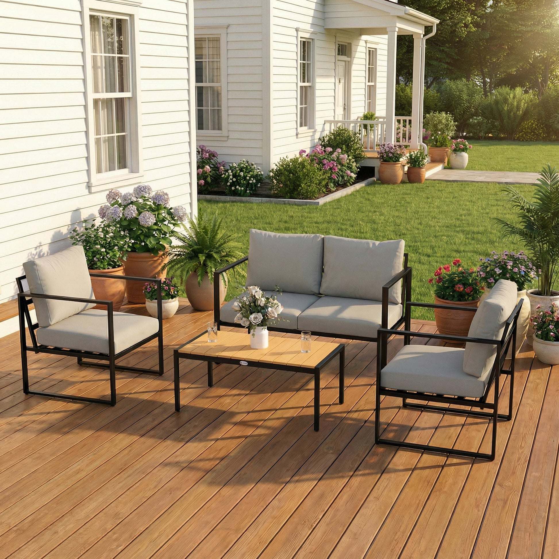 Outdoor Garden Furniture Set, 4 Piece Patio Furniture with Slatted Table, Loveseat and Armchairs, Indoor Outdoor Balcony Patio Conservatory Set with Metal Frame and Cushions, Grey