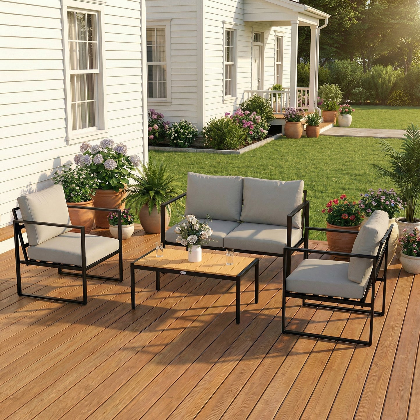 Outdoor Garden Furniture Set, 4 Piece Patio Furniture with Slatted Table, Loveseat and Armchairs, Indoor Outdoor Balcony Patio Conservatory Set with Metal Frame and Cushions, Grey