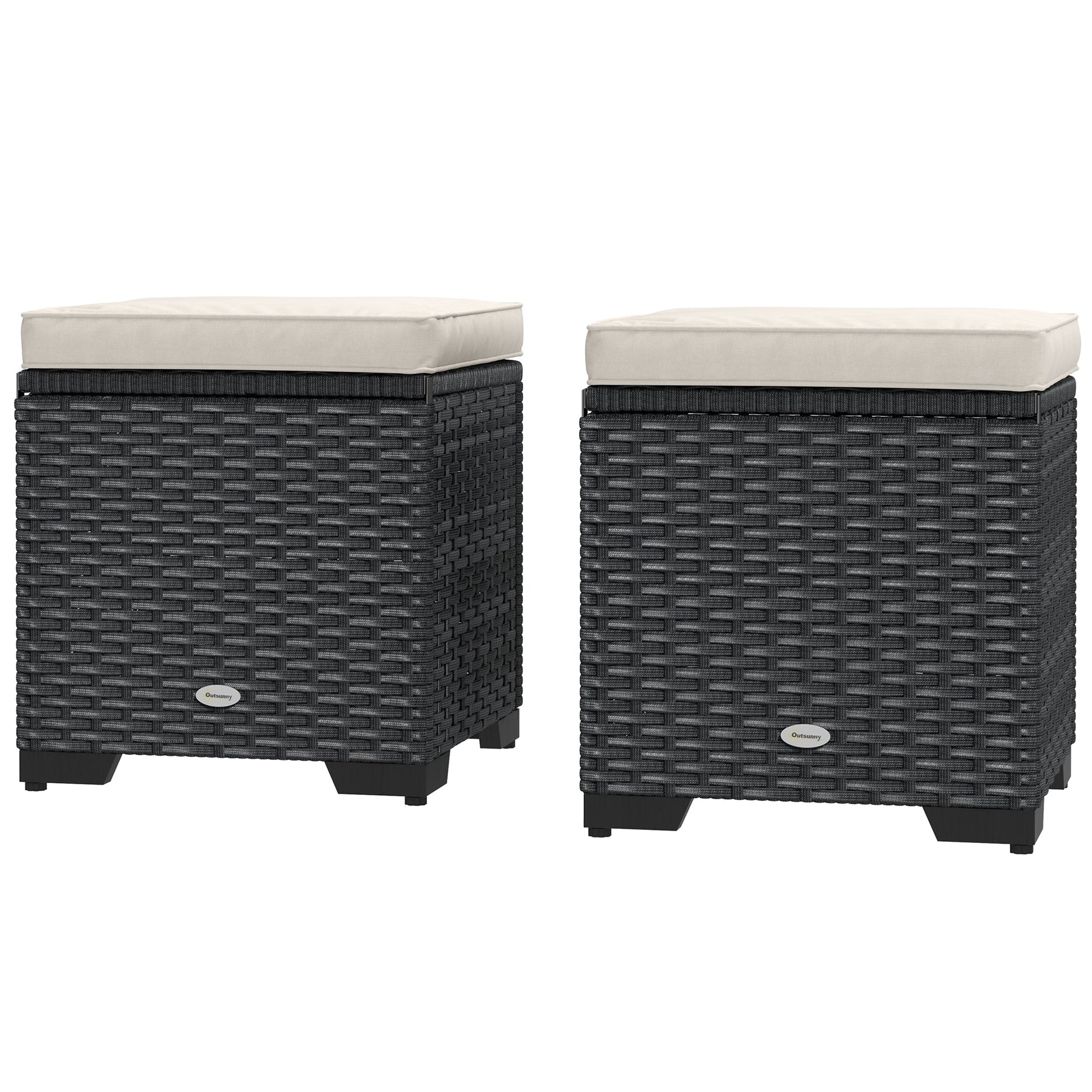 Set of 2 Rattan Storage Ottoman, Outdoor Footstool with Removable Cushions, Garden Storage Seat for Balcony, Poolside, Living Room, Cream