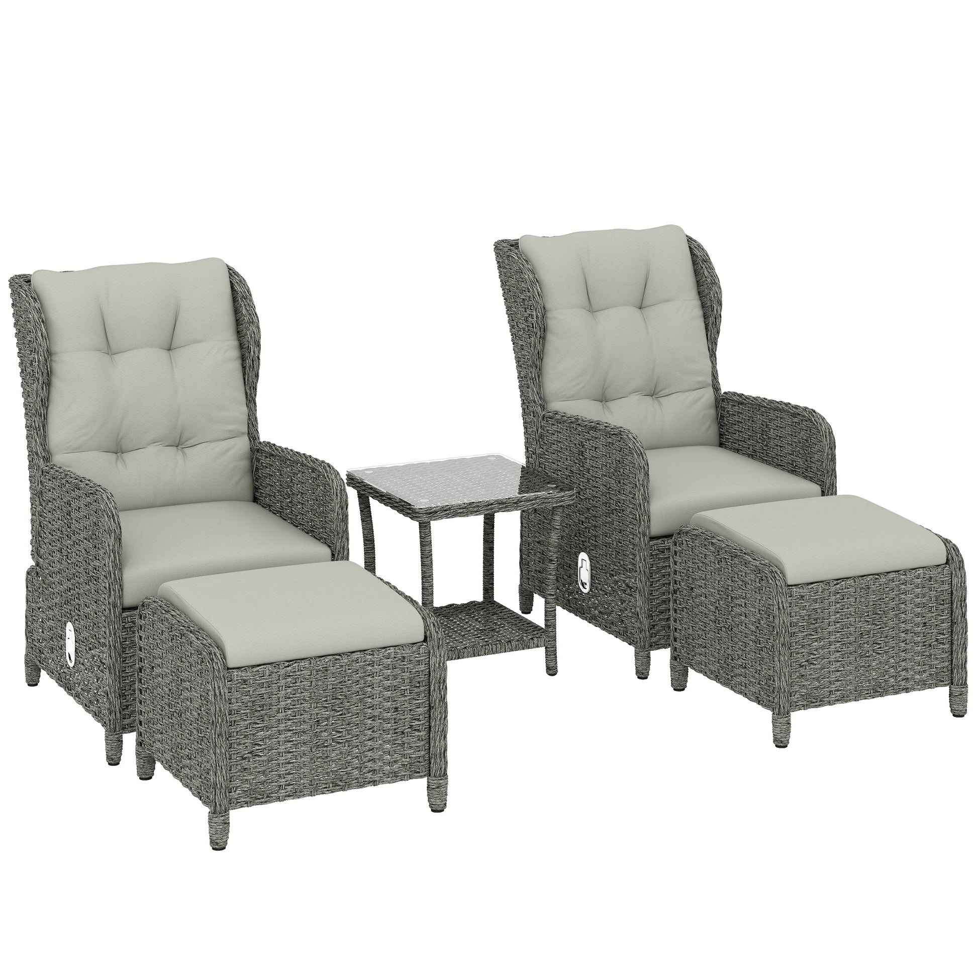 5 Piece Garden Furniture Set, Rattan Reclining Garden Chair Set of 2 with Glass-Top Coffee Table, Footstool and Thickness Cushion for Balcony, Patio, Cream White