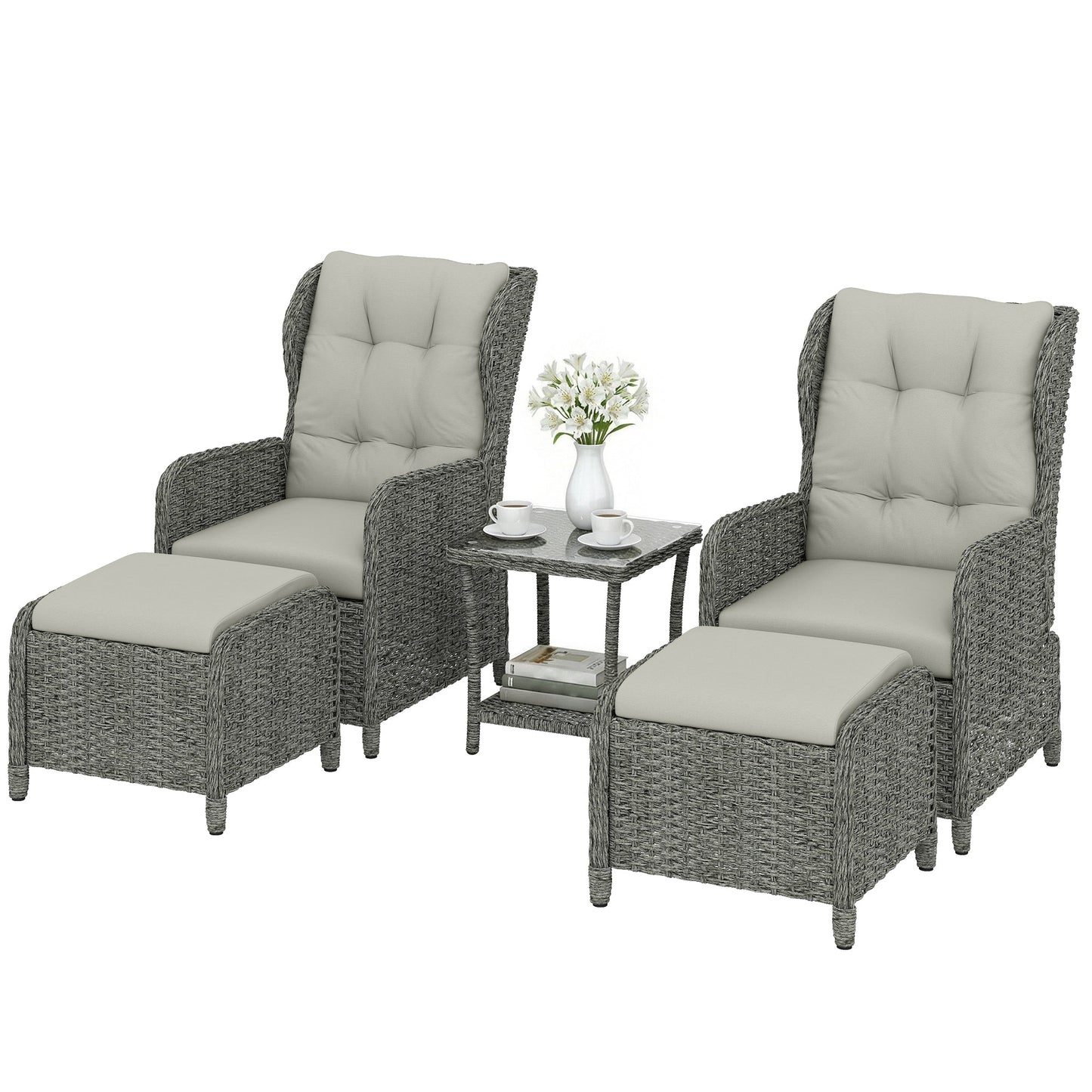5 Piece Garden Furniture Set, Rattan Reclining Garden Chair Set of 2 with Glass-Top Coffee Table, Footstool and Thickness Cushion for Balcony, Patio, Cream White