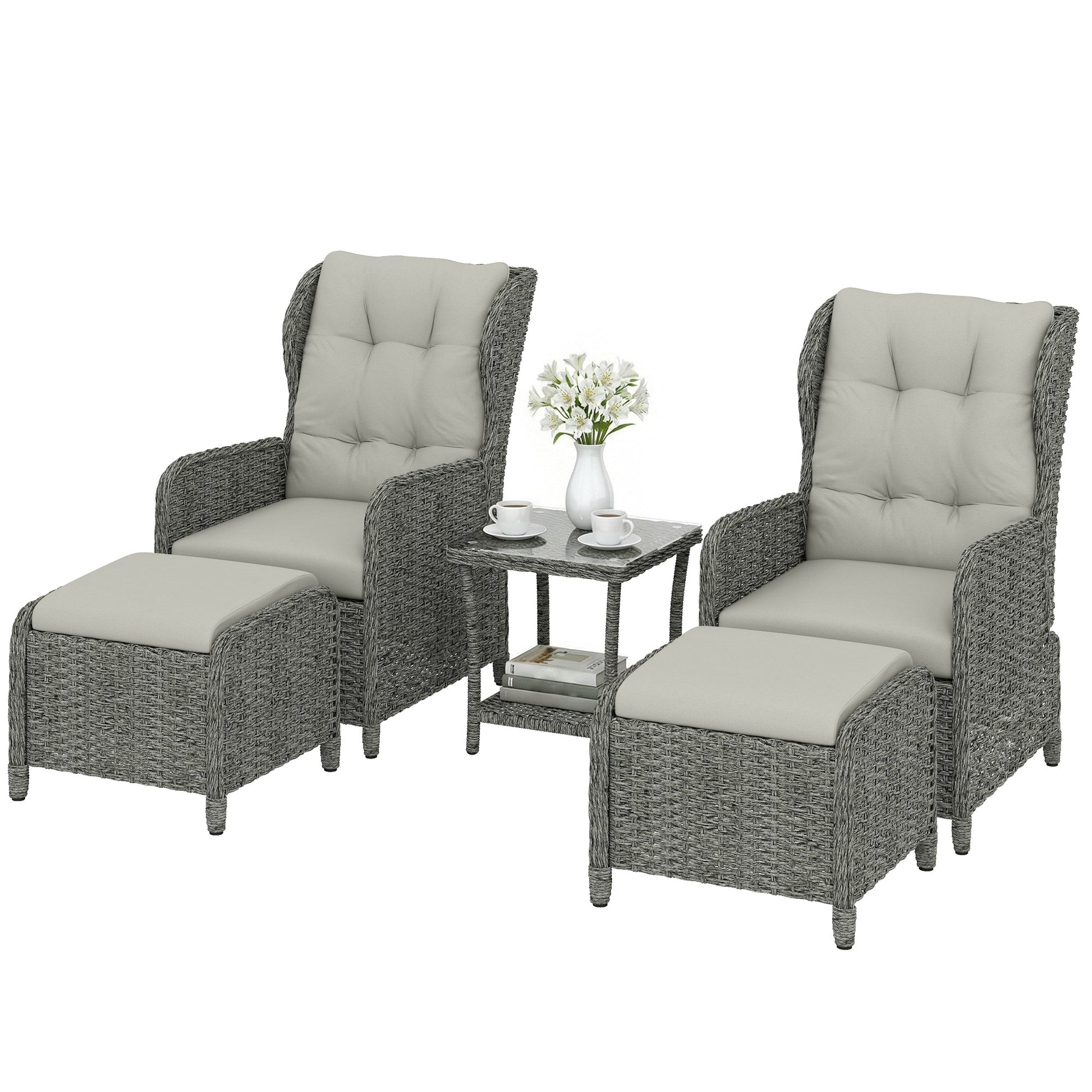 5 Piece Garden Furniture Set, Rattan Reclining Garden Chair Set of 2 with Glass-Top Coffee Table, Footstool and Thickness Cushion for Balcony, Patio, Cream White