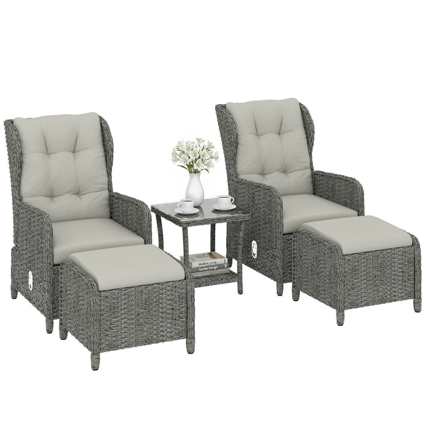 5 Piece Garden Furniture Set, Rattan Reclining Garden Chair Set of 2 with Glass-Top Coffee Table, Footstool and Thickness Cushion for Balcony, Patio, Cream White
