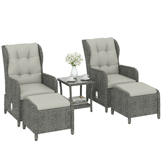5 Piece Garden Furniture Set, Rattan Reclining Garden Chair Set of 2 with Glass-Top Coffee Table, Footstool and Thickness Cushion for Balcony, Patio, Cream White